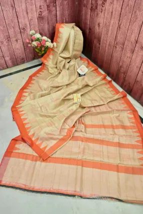 Dark Beige Color Pure Tussar Silk Saree with Zari Check and Temple Border