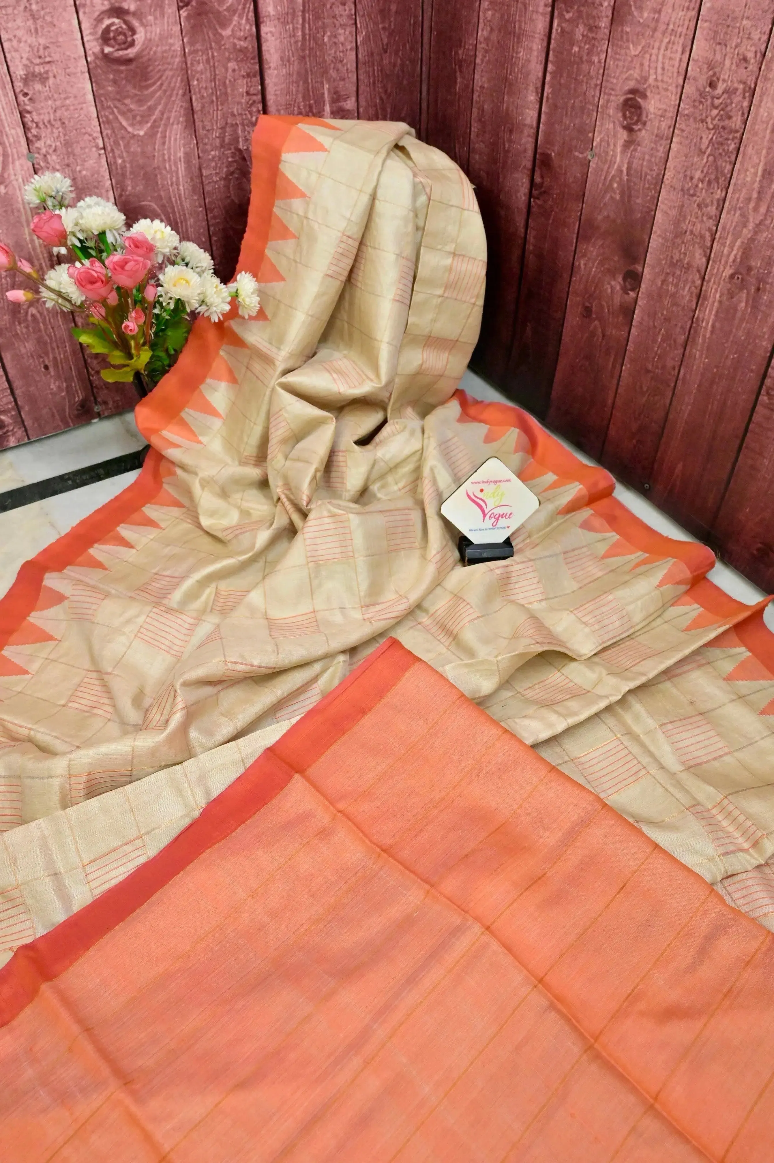 Dark Beige Color Pure Tussar Silk Saree with Zari Check and Temple Border