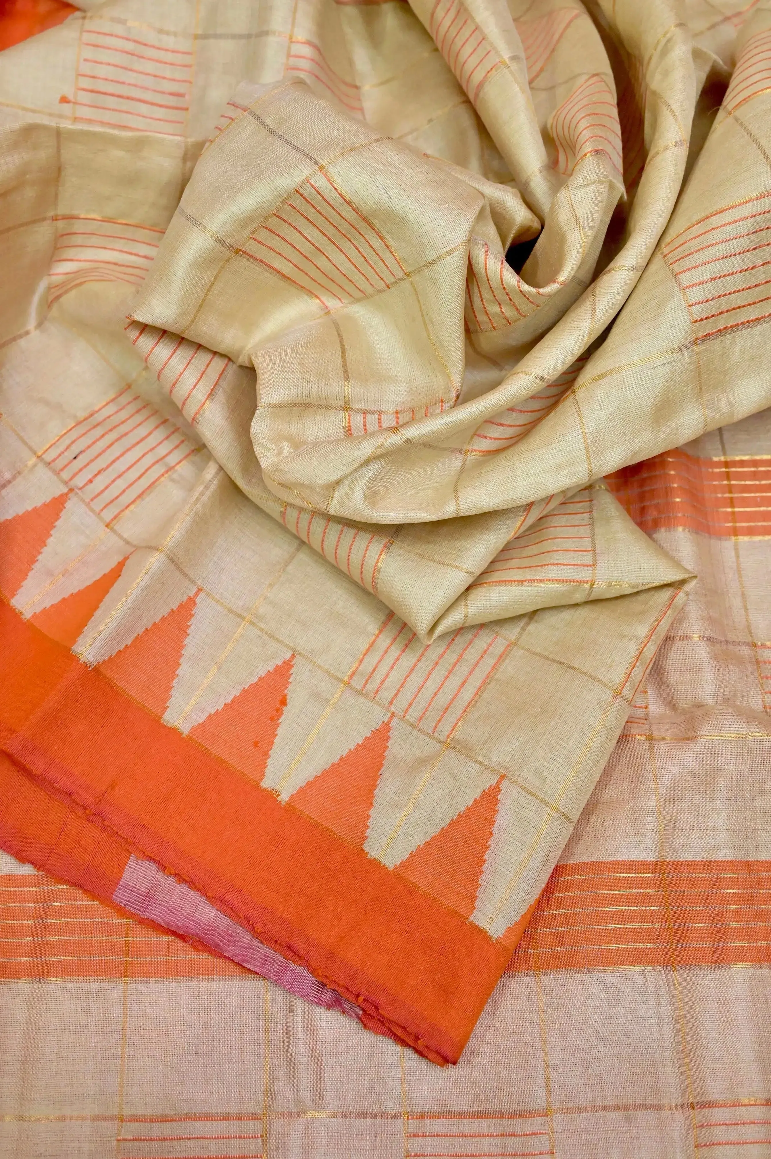 Dark Beige Color Pure Tussar Silk Saree with Zari Check and Temple Border