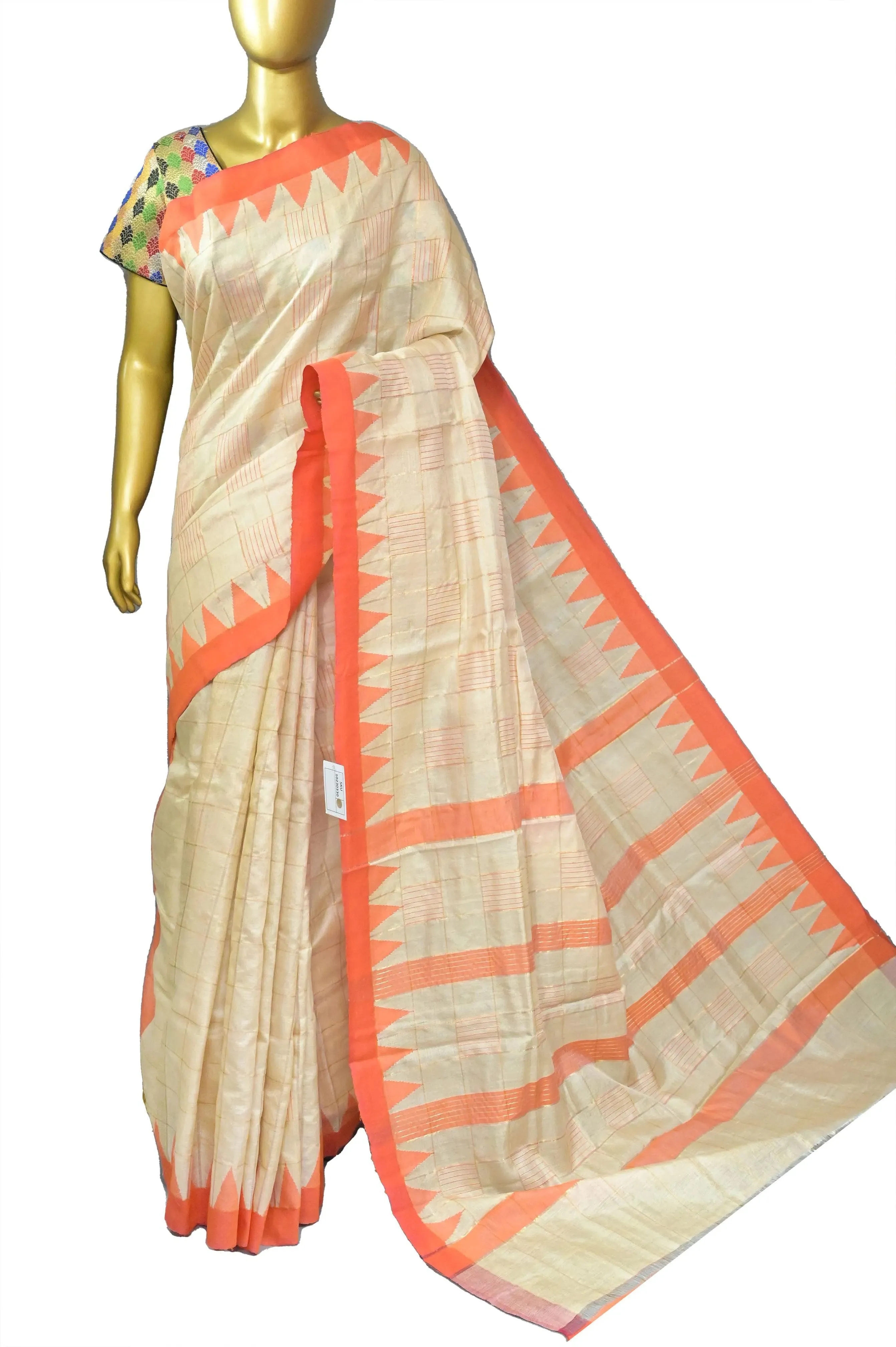 Dark Beige Color Pure Tussar Silk Saree with Zari Check and Temple Border