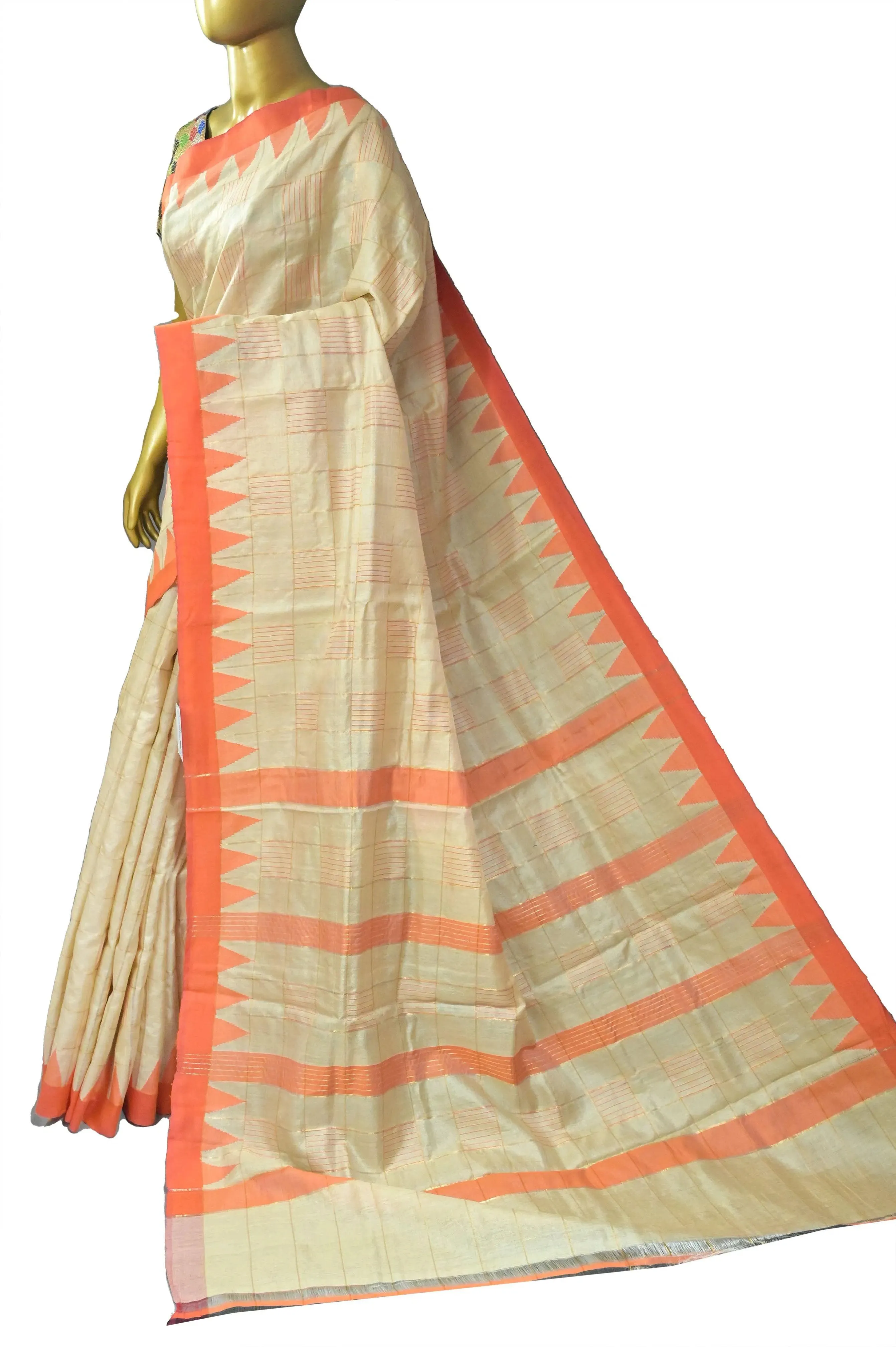 Dark Beige Color Pure Tussar Silk Saree with Zari Check and Temple Border