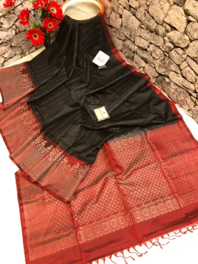 Dark Black and Red Color Soft Kanchipuram Silk Saree with Zari Stripes