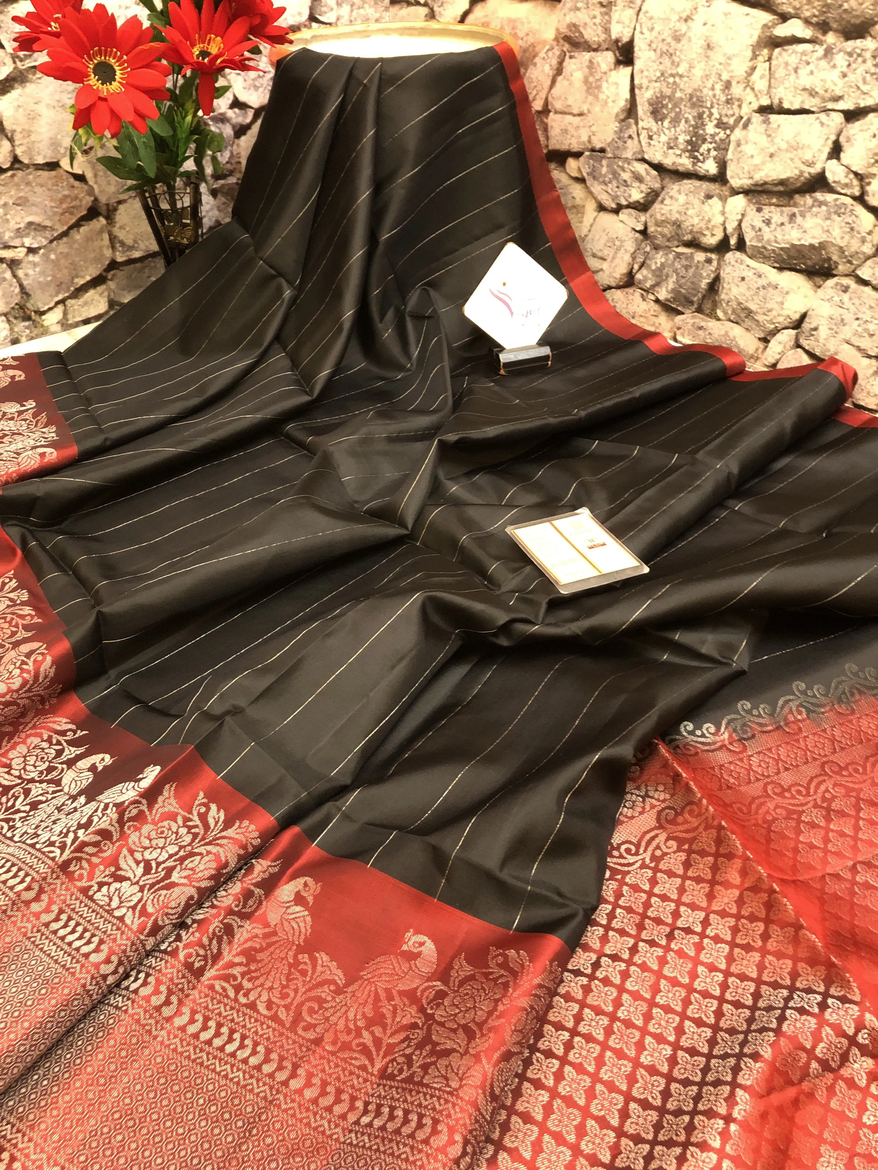 Dark Black and Red Color Soft Kanchipuram Silk Saree with Zari Stripes