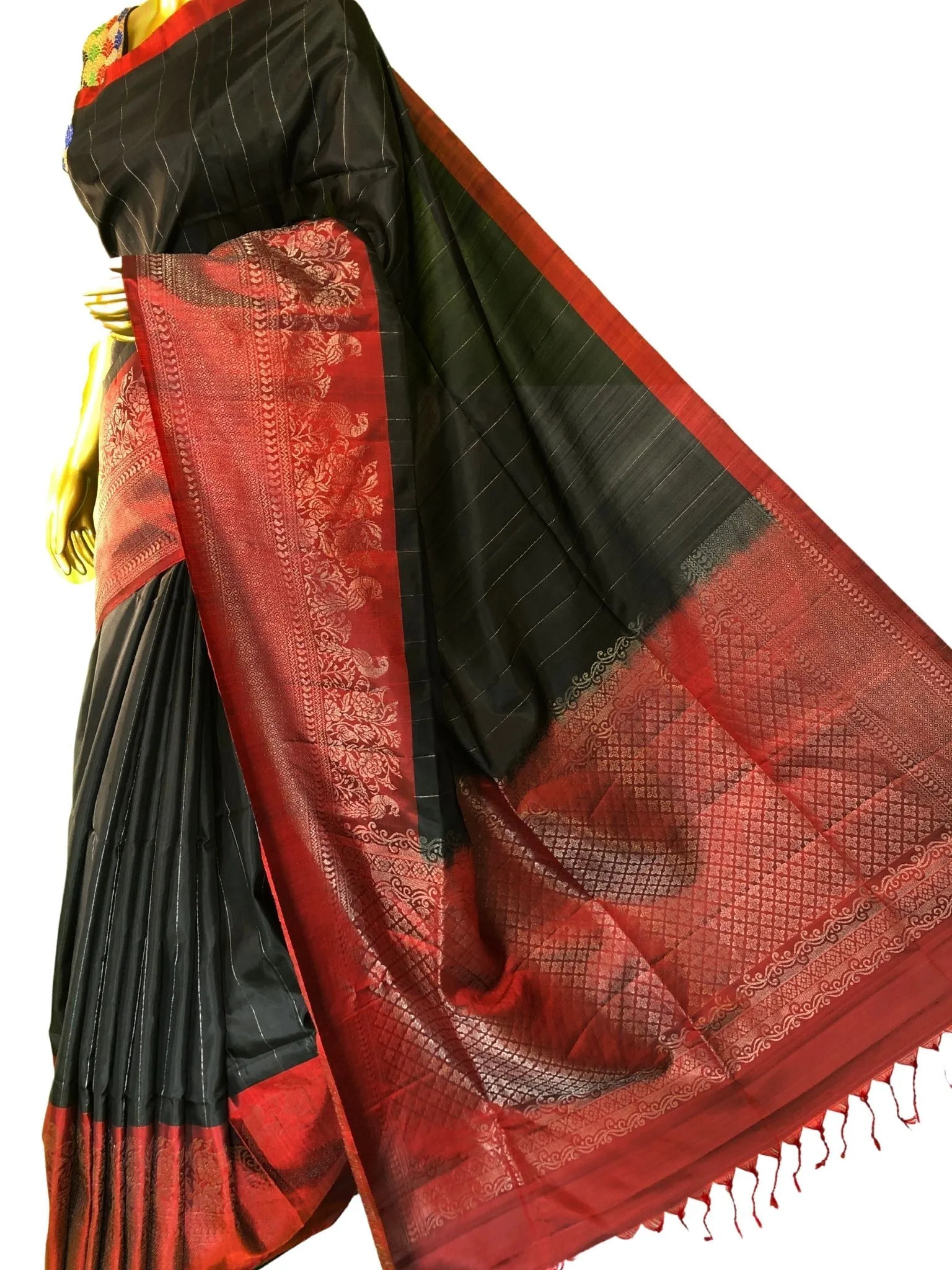 Dark Black and Red Color Soft Kanchipuram Silk Saree with Zari Stripes