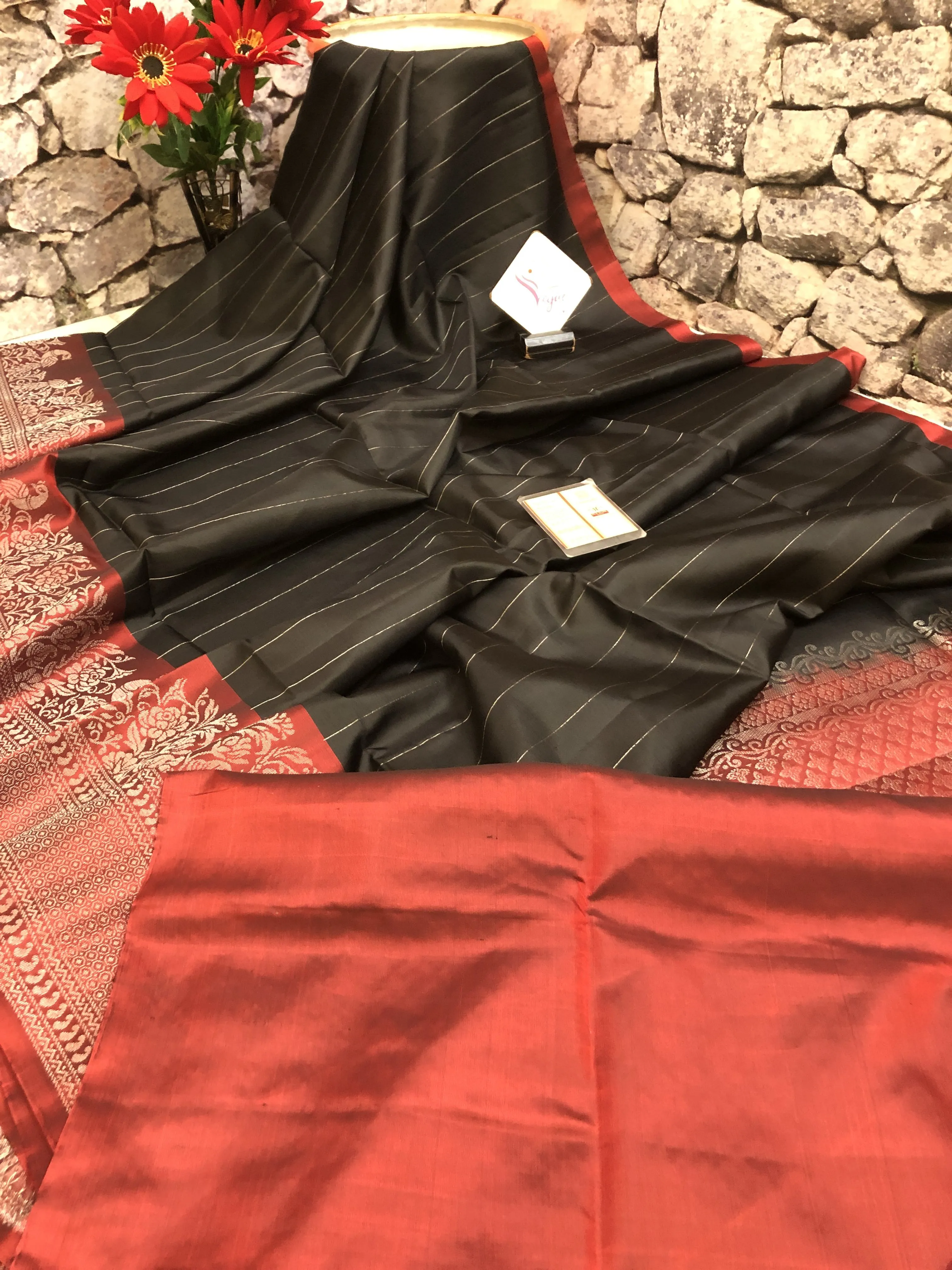 Dark Black and Red Color Soft Kanchipuram Silk Saree with Zari Stripes