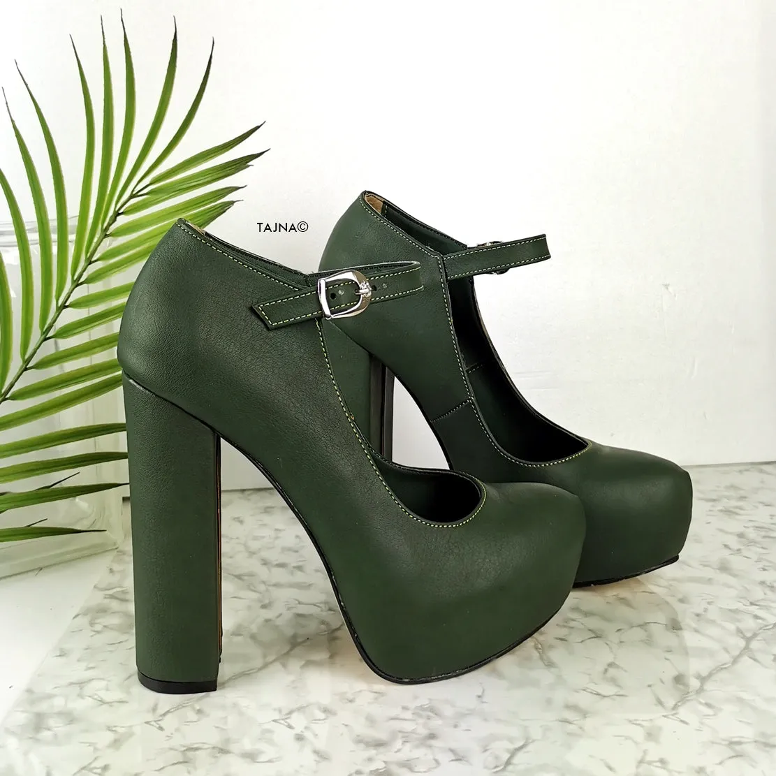 Dark Green 13 cm Chunky Heel Mary Jane Heels