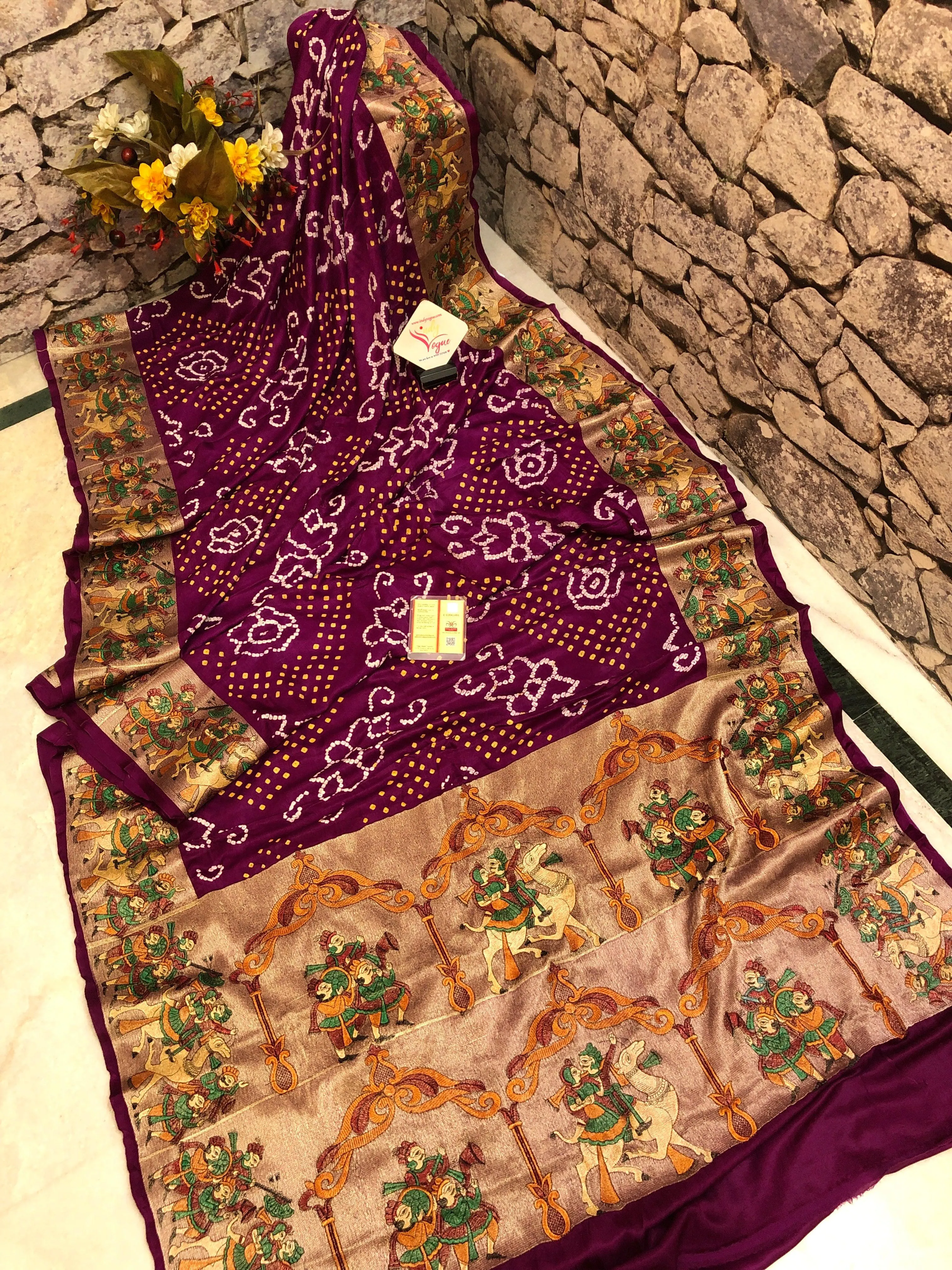 Dark Wine Purple Color Ghazi Silk Gharchola Saree with Hand Bandhej &  Zari Embroidery