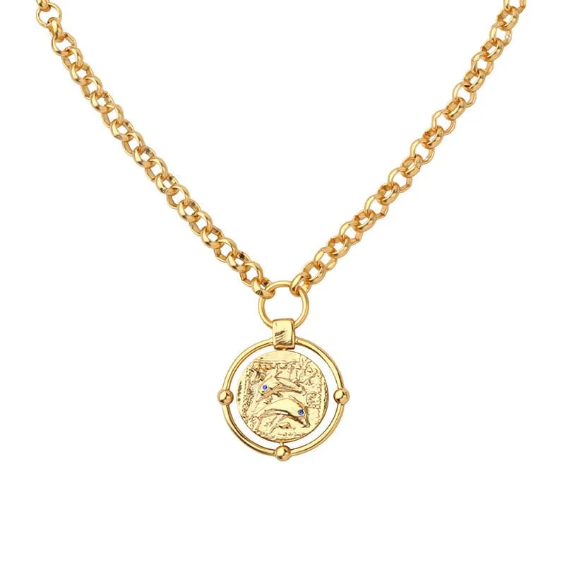 Dolphin gold coin thick chain necklace