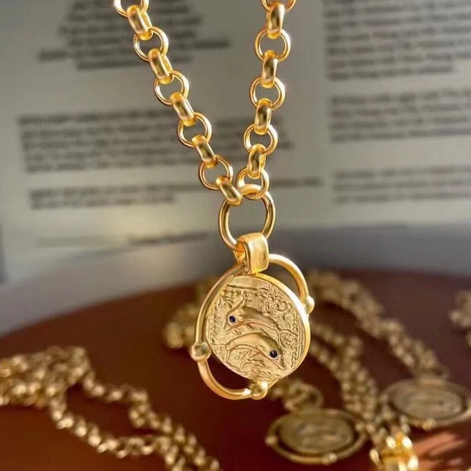 Dolphin gold coin thick chain necklace