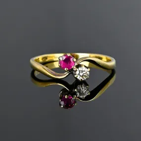 Edwardian Style Gold Toi et Moi Diamond Ruby Ring