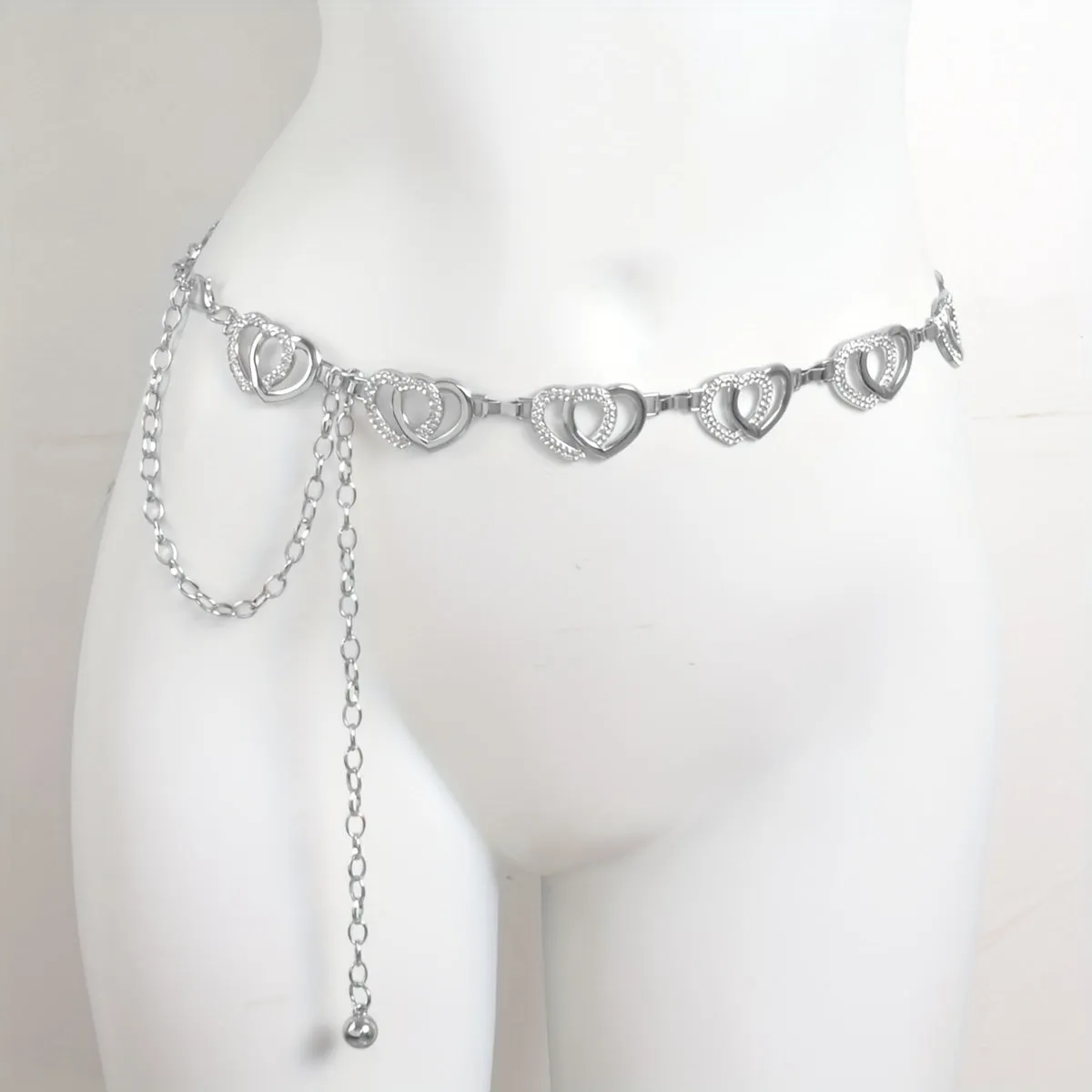 Elegant Bling Bling Double Love Heart Waist Chain Belt Inlaid Shiny Rhinestone Simple Style Body Chain