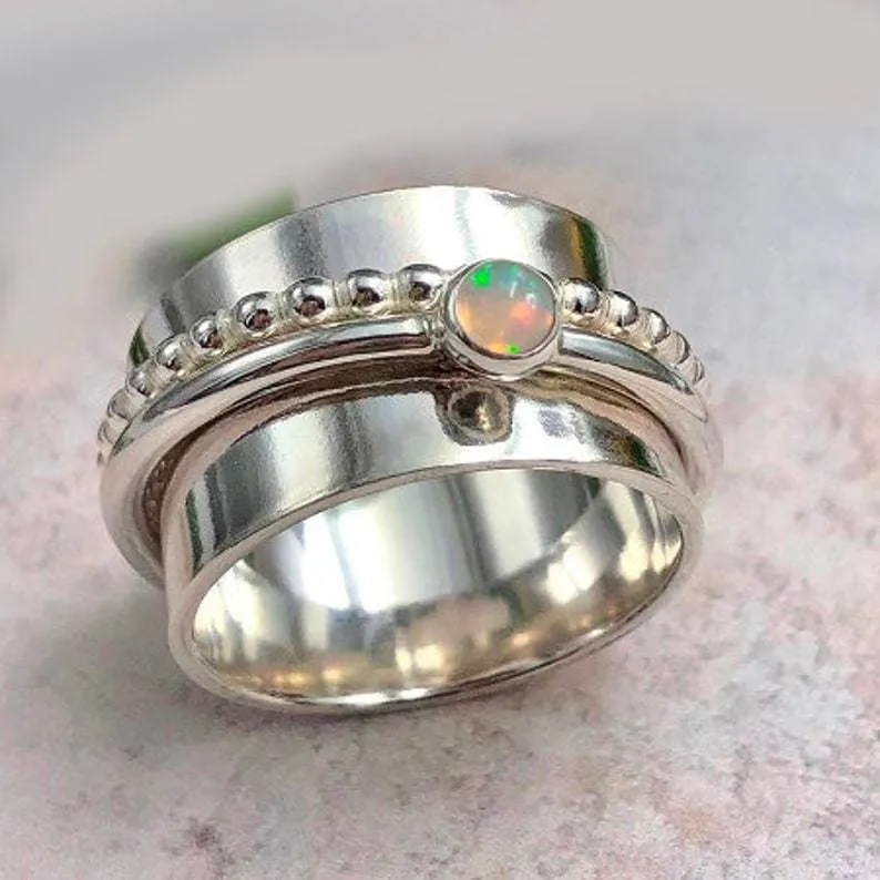 Ethiopian Opal Spinner,Anxiety,Mediation,Fidget 925 Silver Ring,Handmade Jewelry,Gift for Her