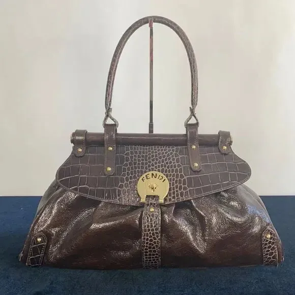 Fendi Brown with Crocodile Leather Vintage Satchel