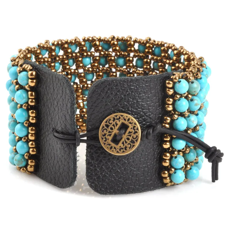 Finished Jewelry-Leather and Lace Turquoise Bracelet Cuff