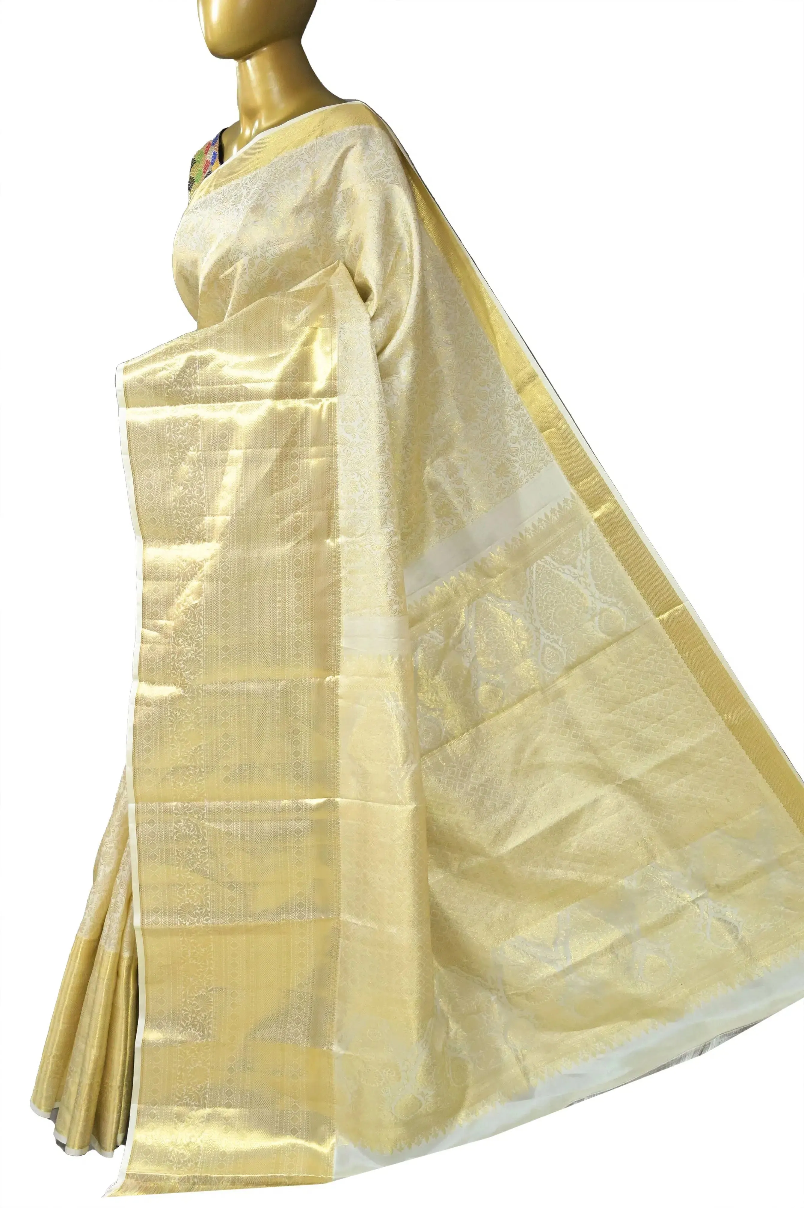 Golden and White Color Pure Brocade Kanjeevaram Silk Saree