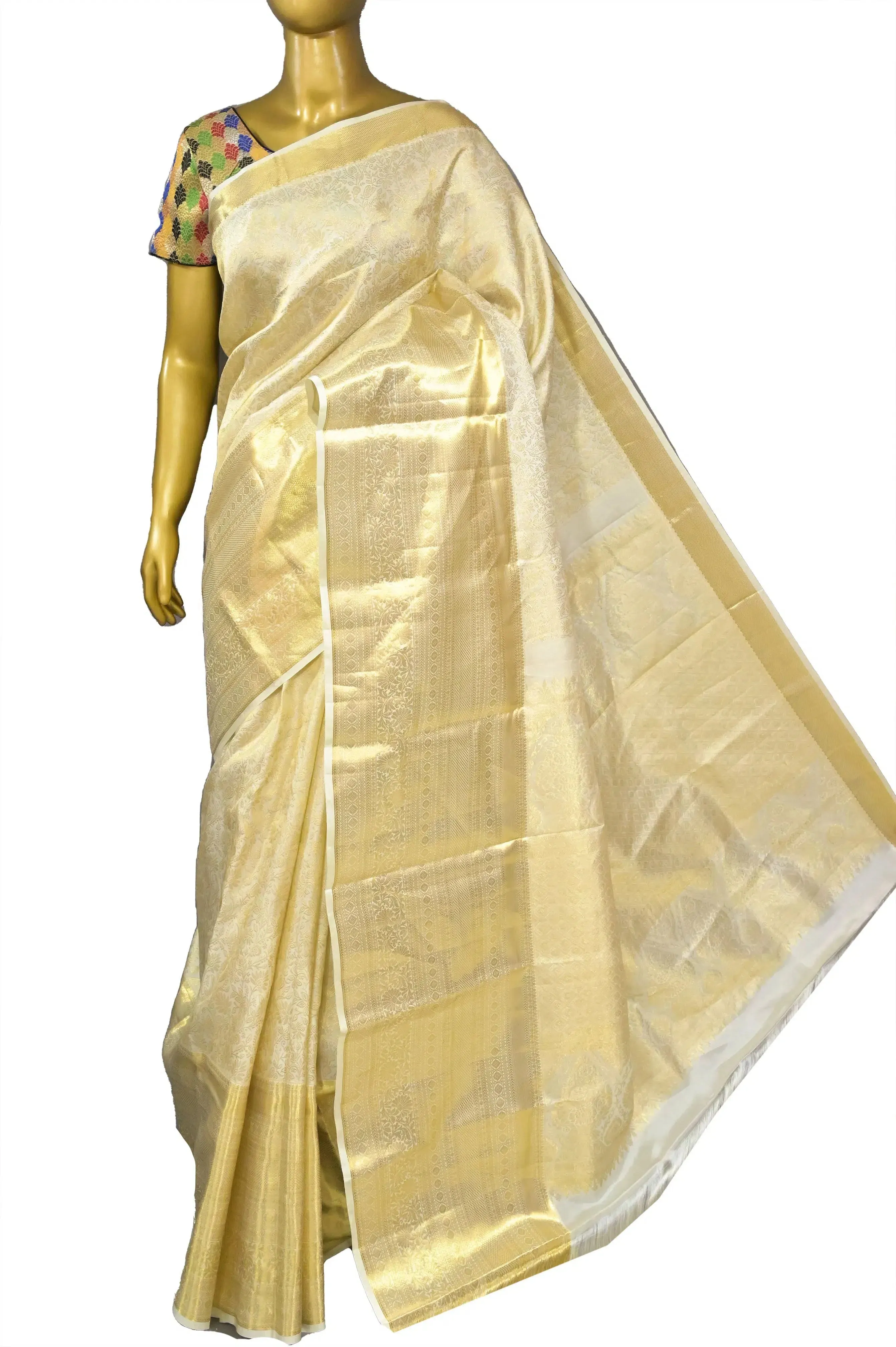 Golden and White Color Pure Brocade Kanjeevaram Silk Saree