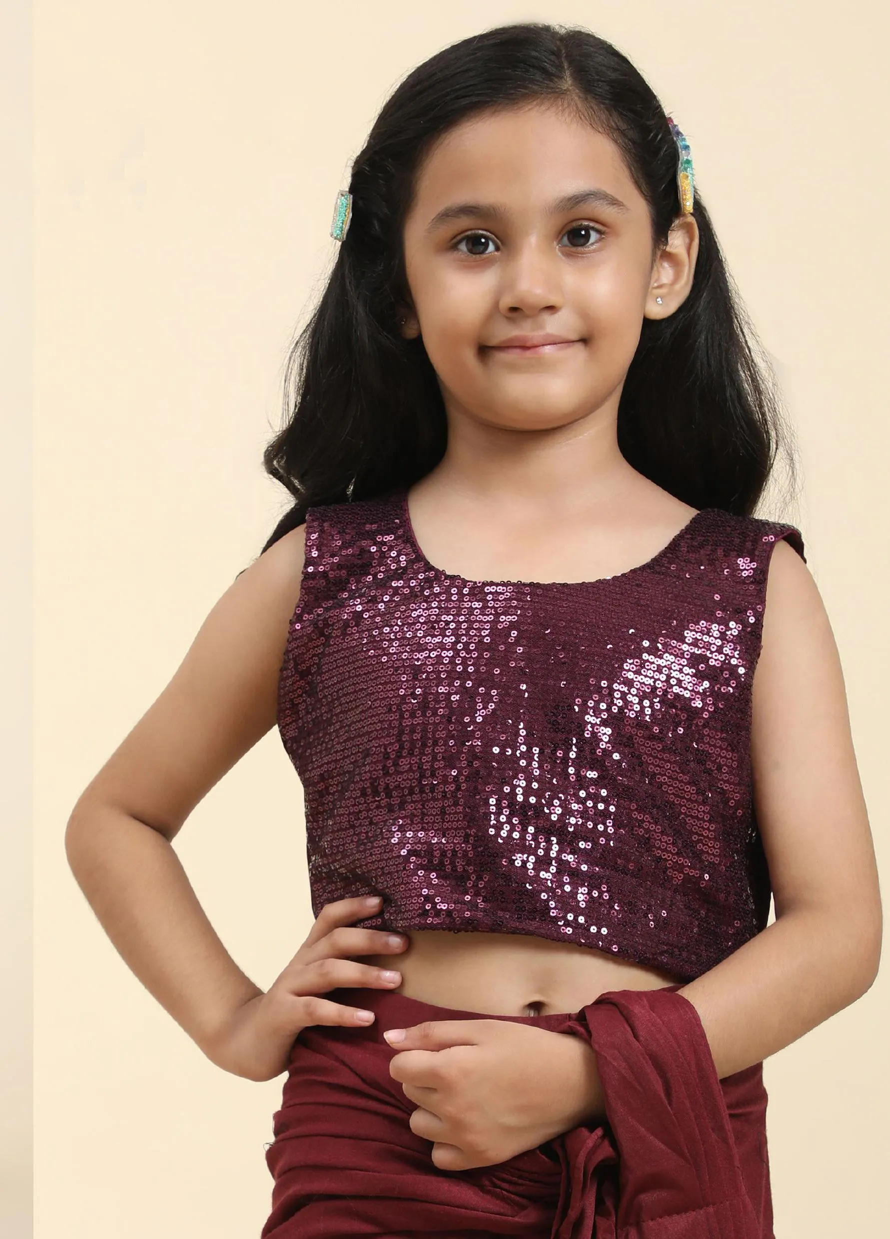 Gorgeous Wine Color Kids Lycra Designer Ready To Wear Saree