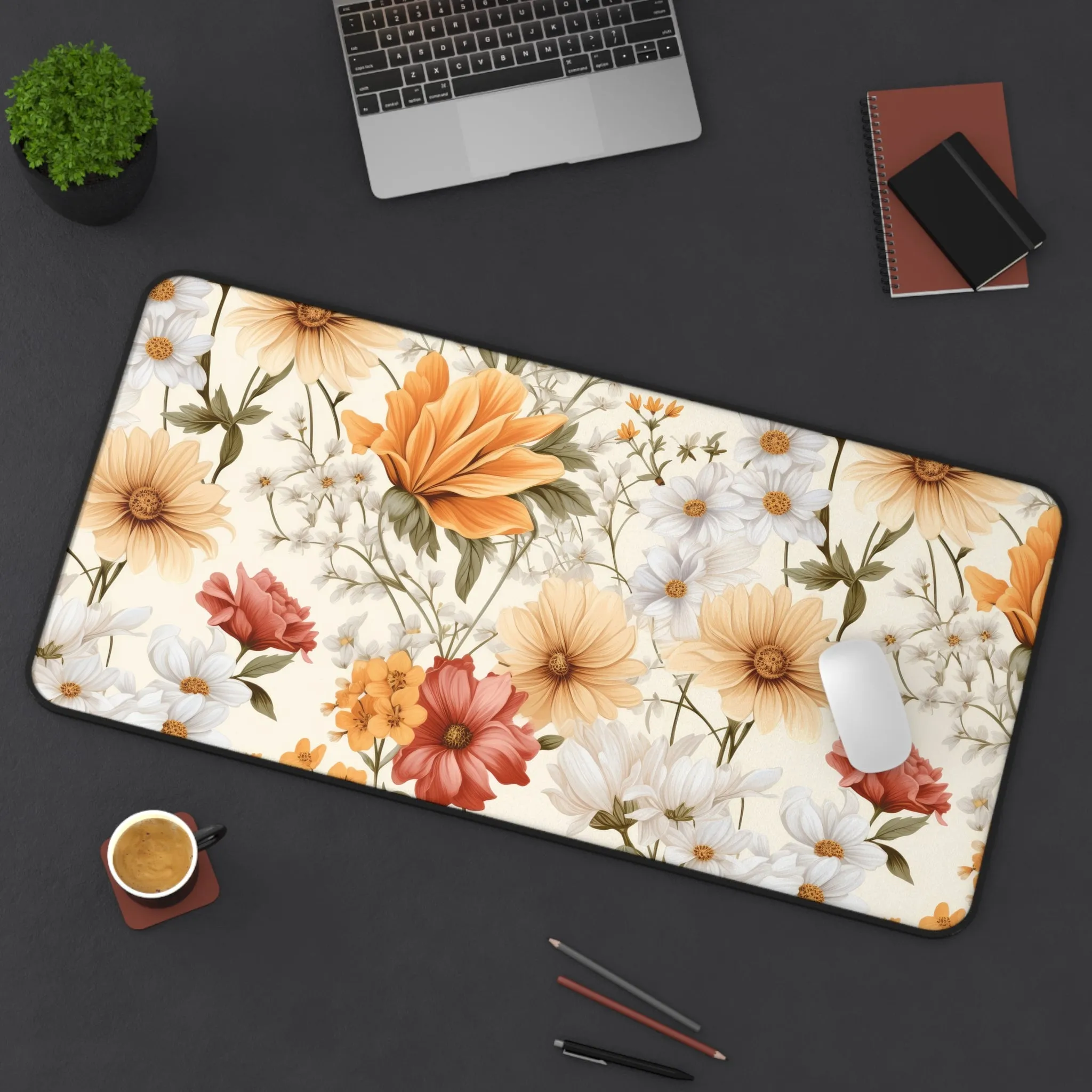 Grandma Floral Yellow Red Aster Laptop Computer Desk Mat