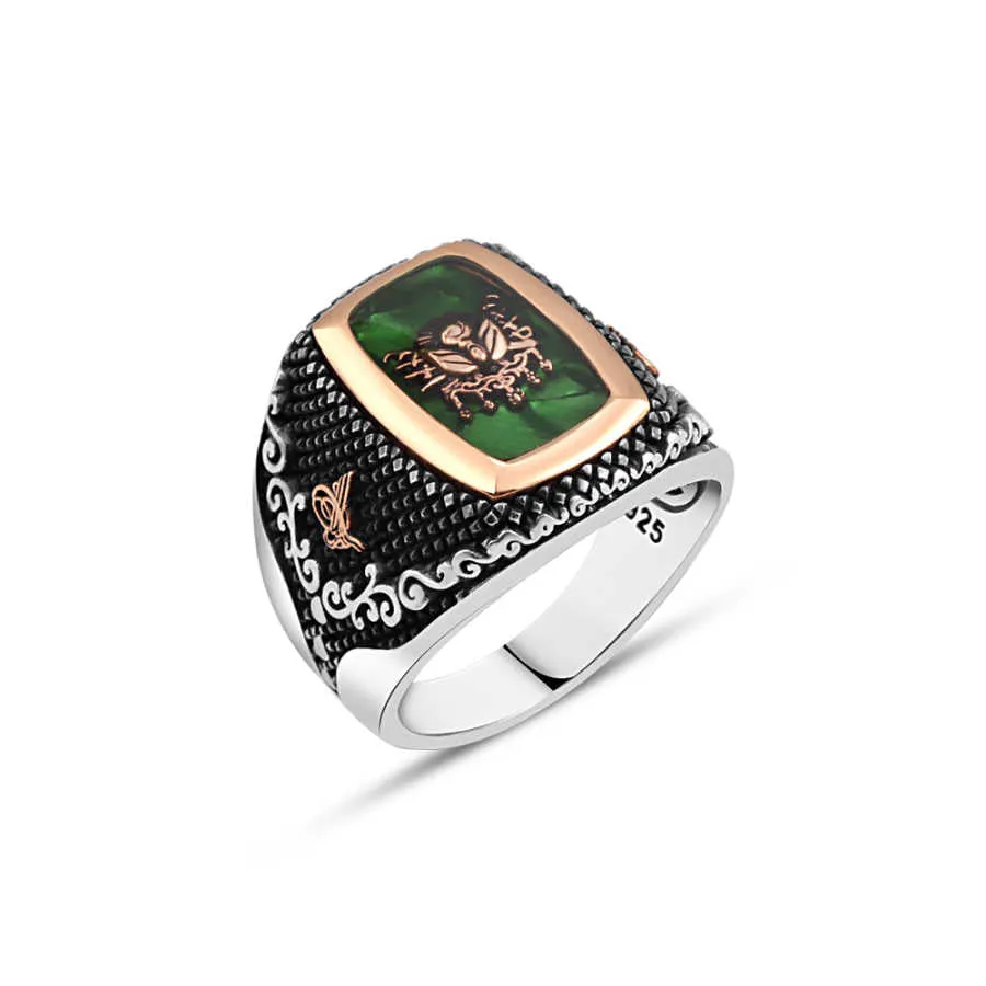 Green Enameled Ottoman State Coat of Arms Rentangular Silver Men's Ring Siding Ottoman Tughra and Branch Pattern