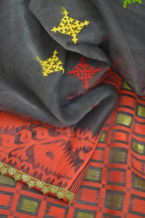 Grey and Orange Color Patli Pallu jamdani Saree with Gujrati Hand Embroidery