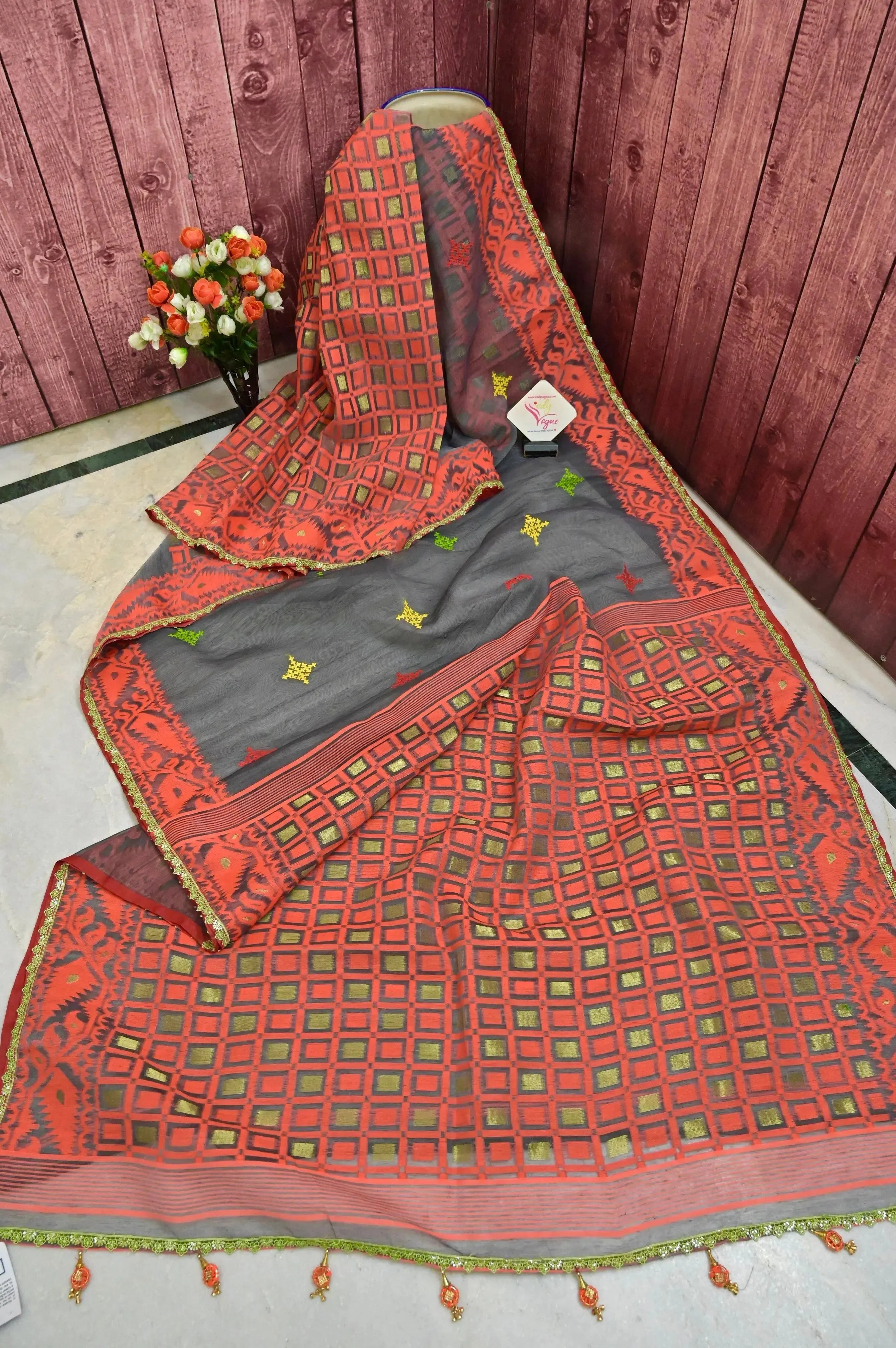 Grey and Orange Color Patli Pallu jamdani Saree with Gujrati Hand Embroidery