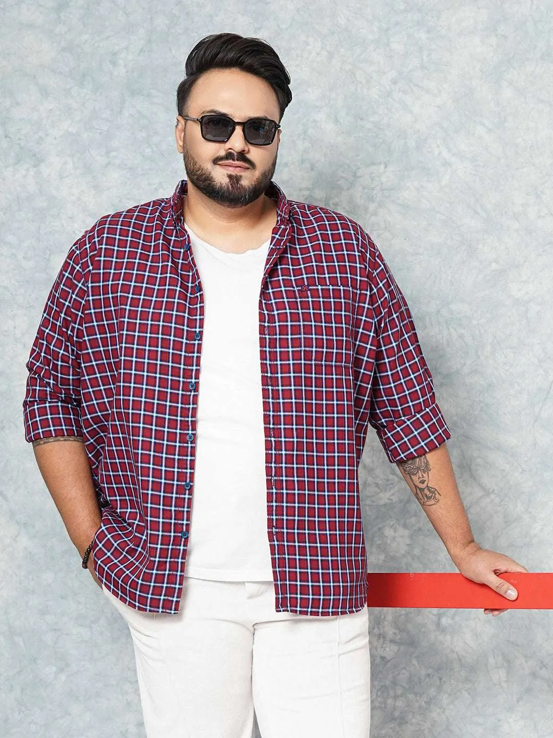 Hardsoda Men Red Plus Size Checked Casual Shirt