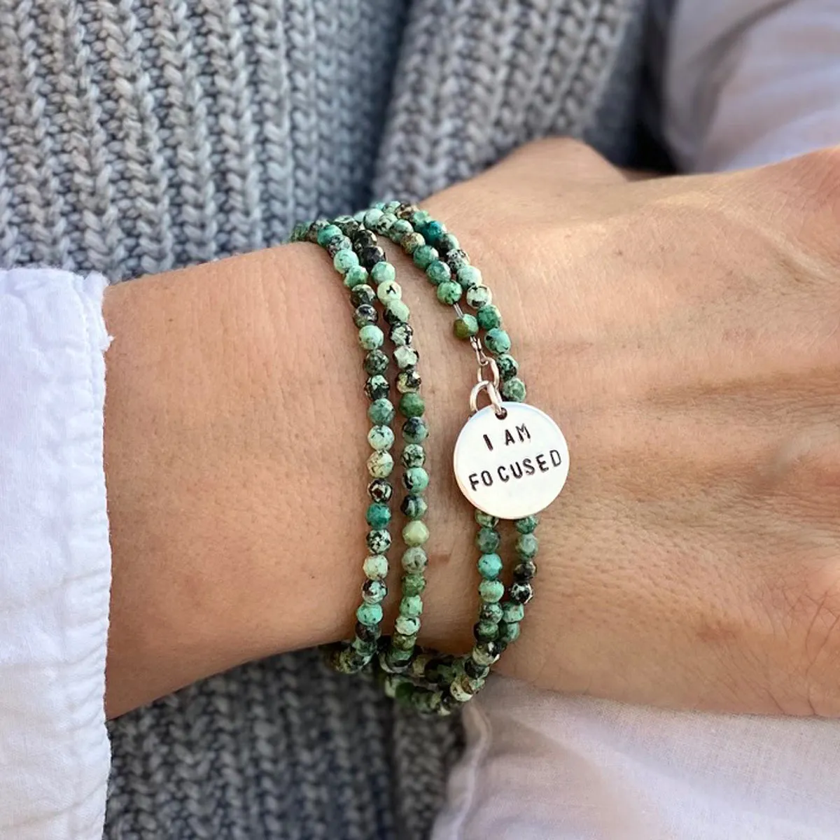 I am Focused Affirmation Wrap Bracelet with African Turquoise for Deeper Understanding of Life