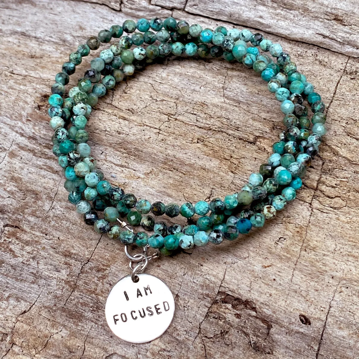 I am Focused Affirmation Wrap Bracelet with African Turquoise for Deeper Understanding of Life