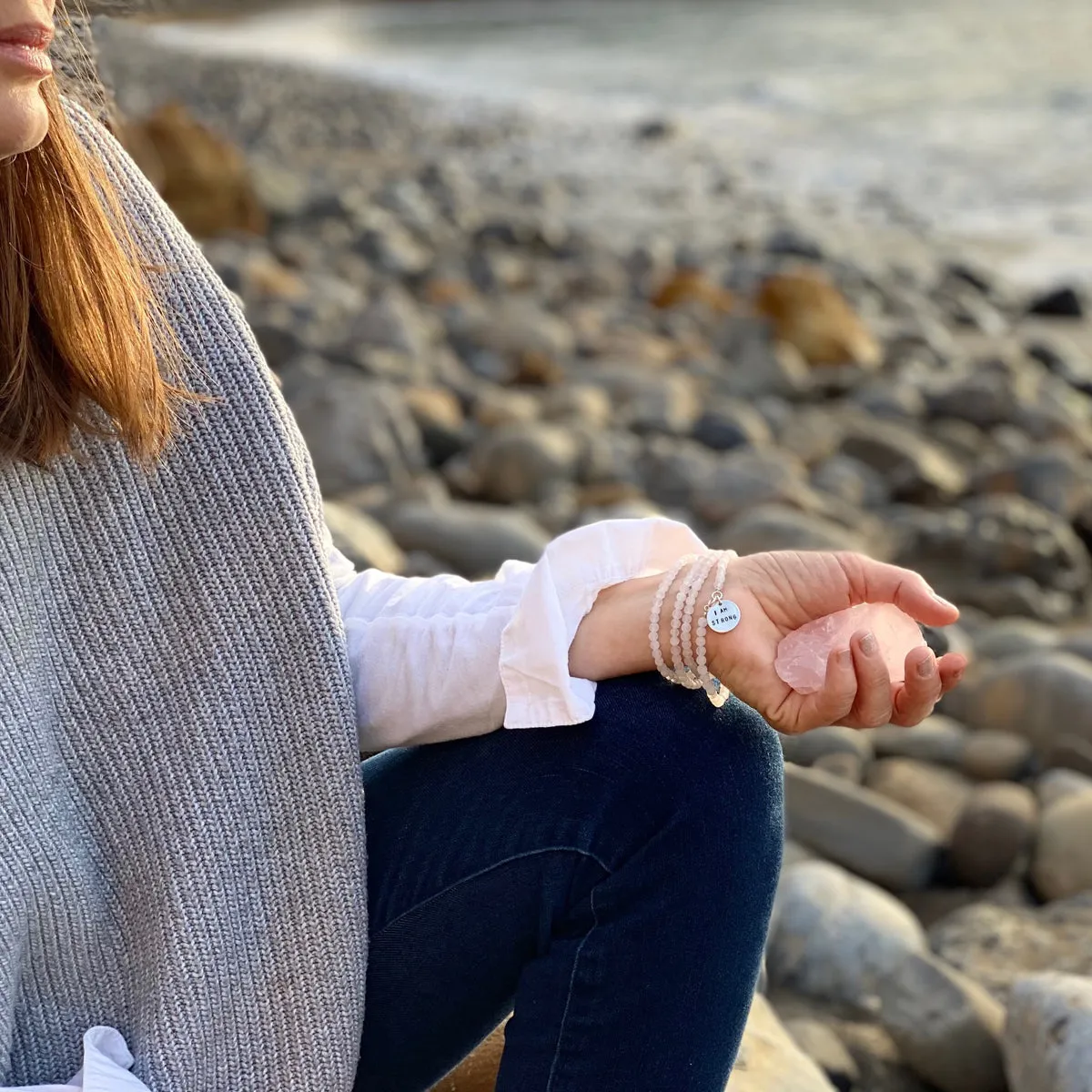 I am Strong Affirmation Wrap Bracelet with Rose Quartz to Help Achieve Success