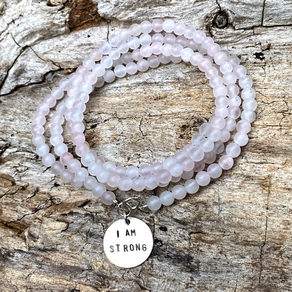 I am Strong Affirmation Wrap Bracelet with Rose Quartz to Help Achieve Success