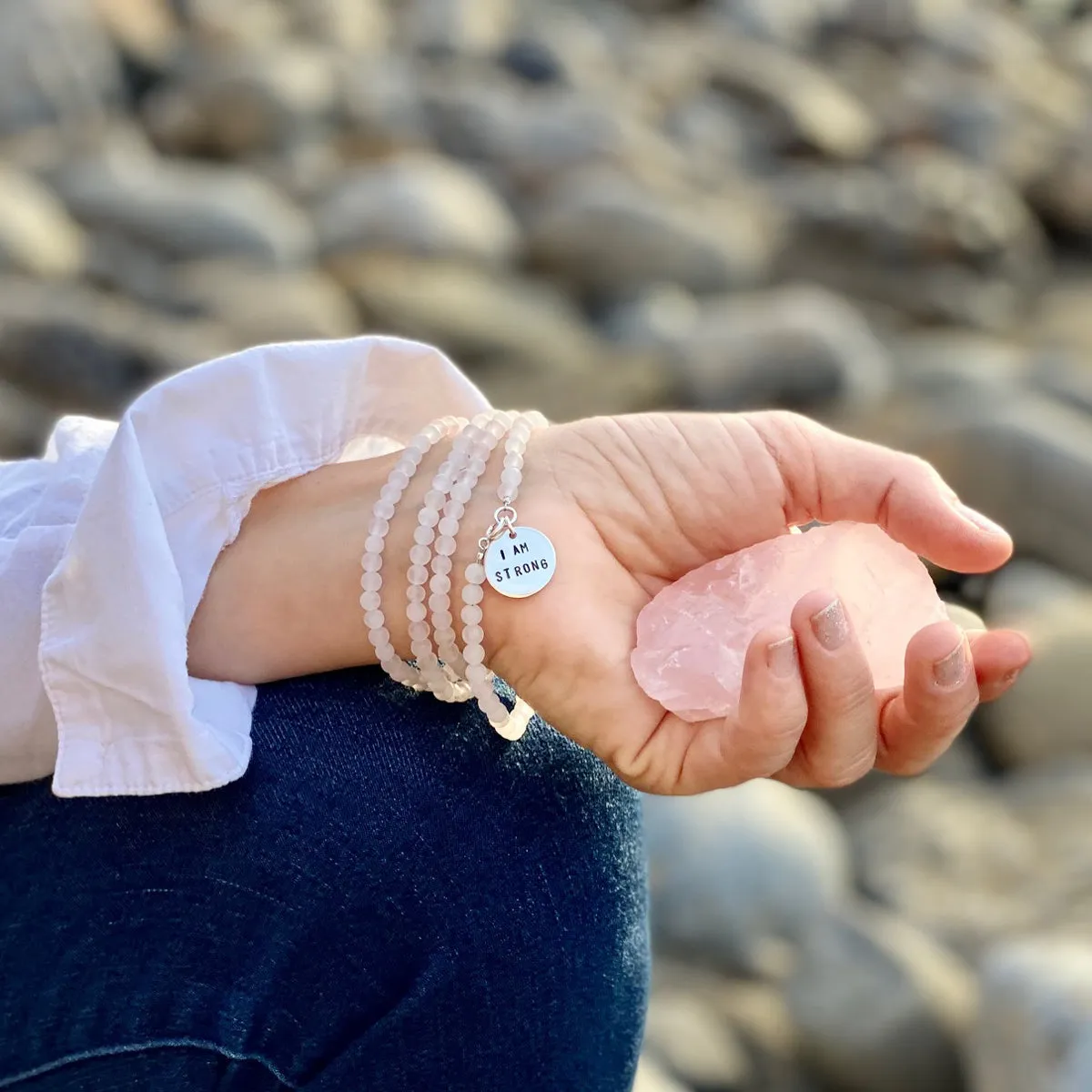 I am Strong Affirmation Wrap Bracelet with Rose Quartz to Help Achieve Success