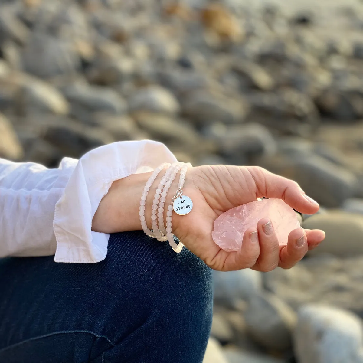 I am Strong Affirmation Wrap Bracelet with Rose Quartz to Help Achieve Success