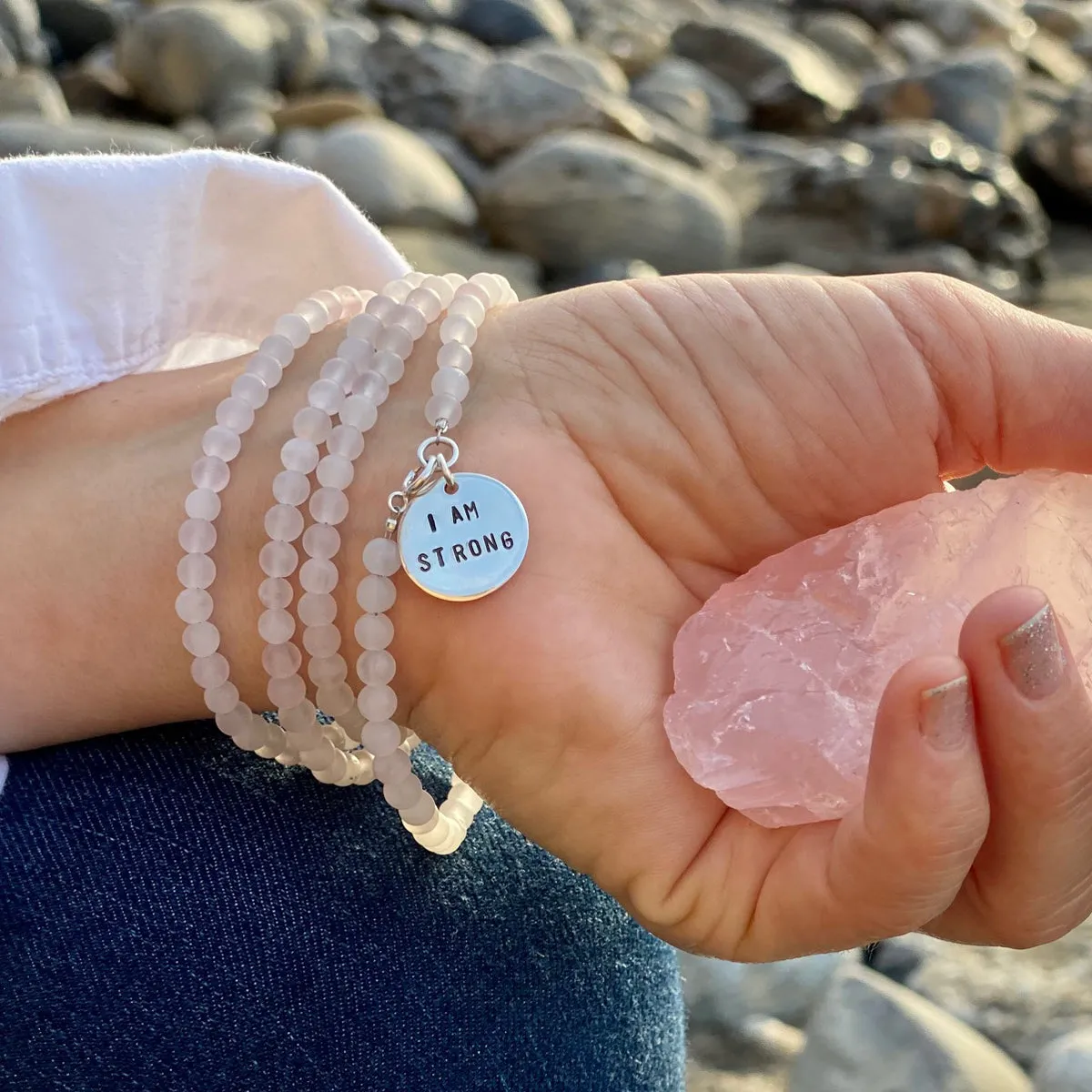 I am Strong Affirmation Wrap Bracelet with Rose Quartz to Help Achieve Success