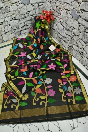 Jet Black Color Muslin Jamdani Saree with Allover Jamdani Weaving