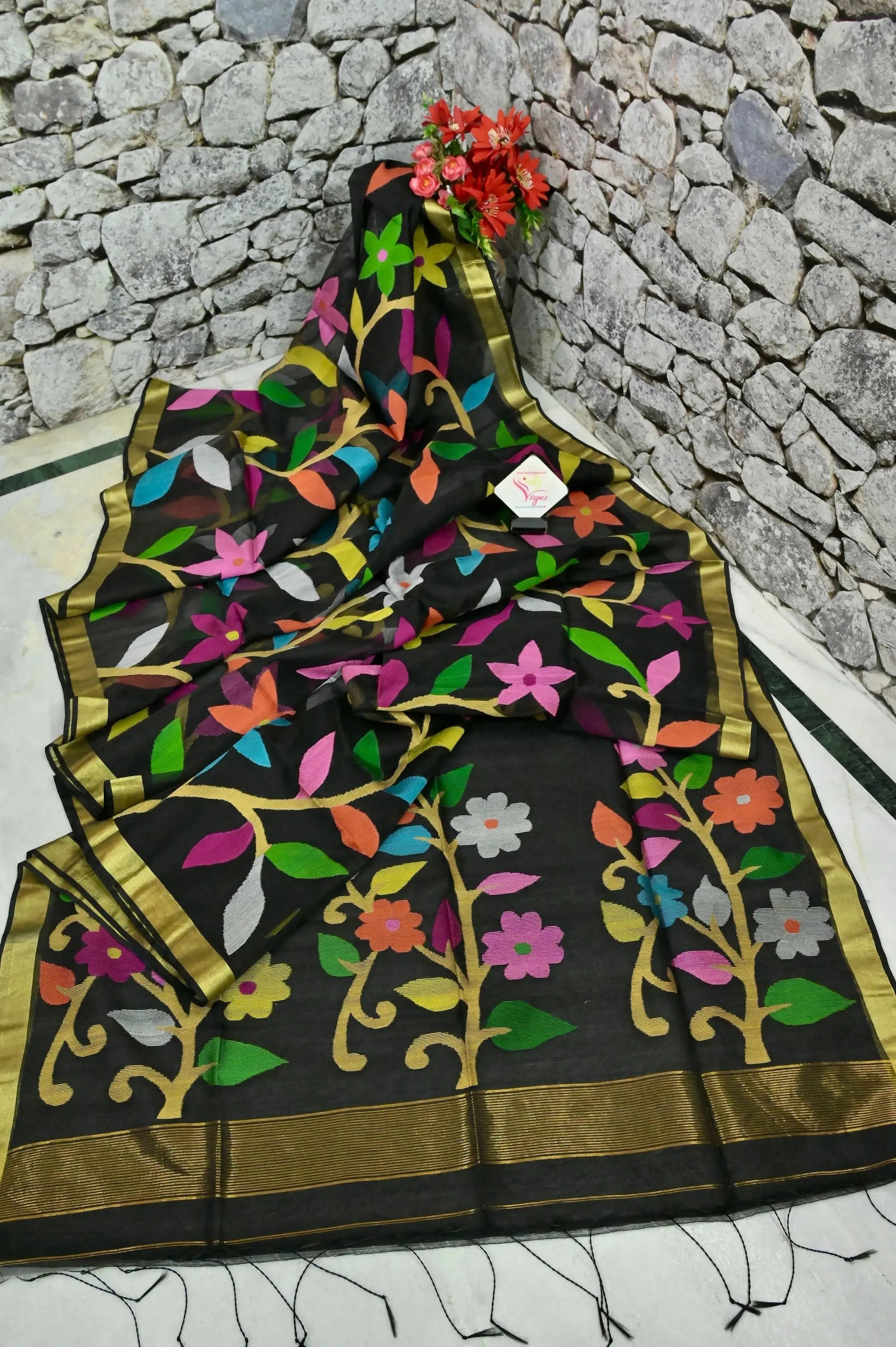 Jet Black Color Muslin Jamdani Saree with Allover Jamdani Weaving