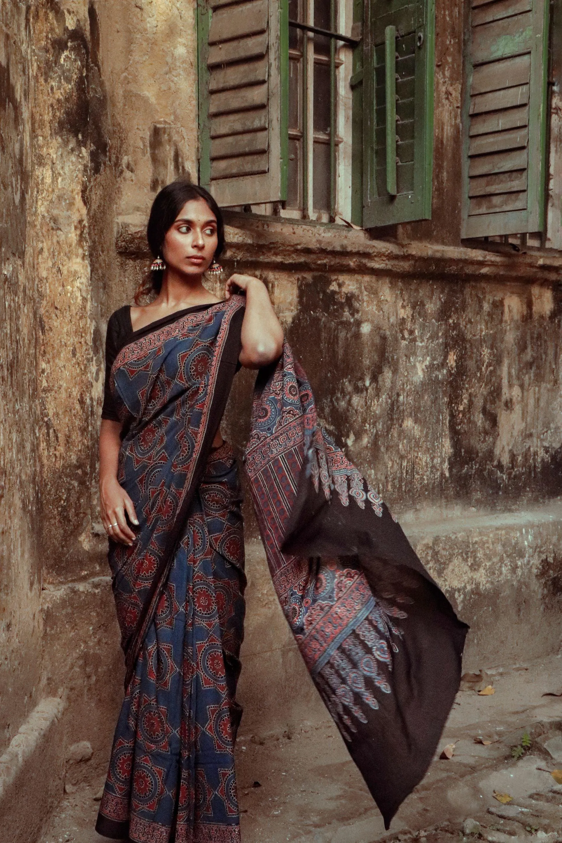 Jharokha - Indigo Ajrakh handblockprinted saree