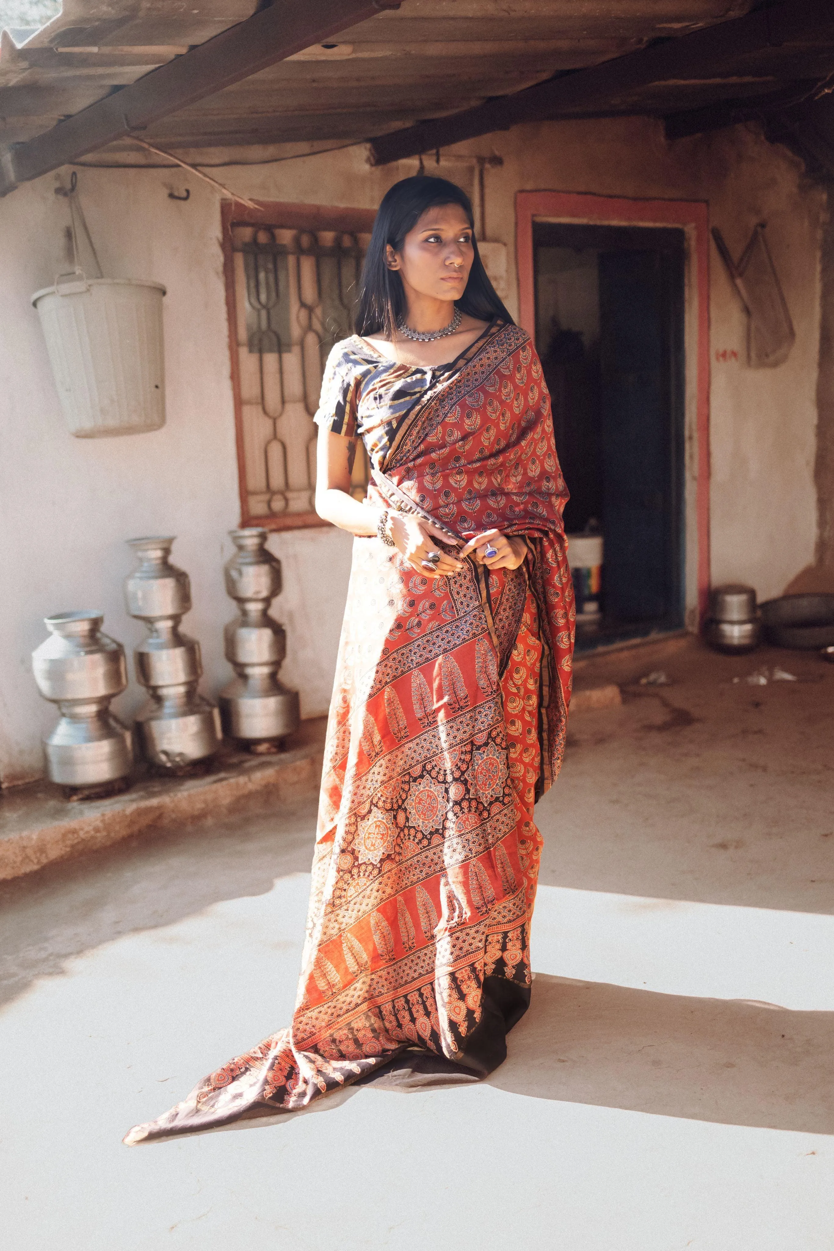 Jharokha -Red silk cotton Ajrakh handblockprinted saree