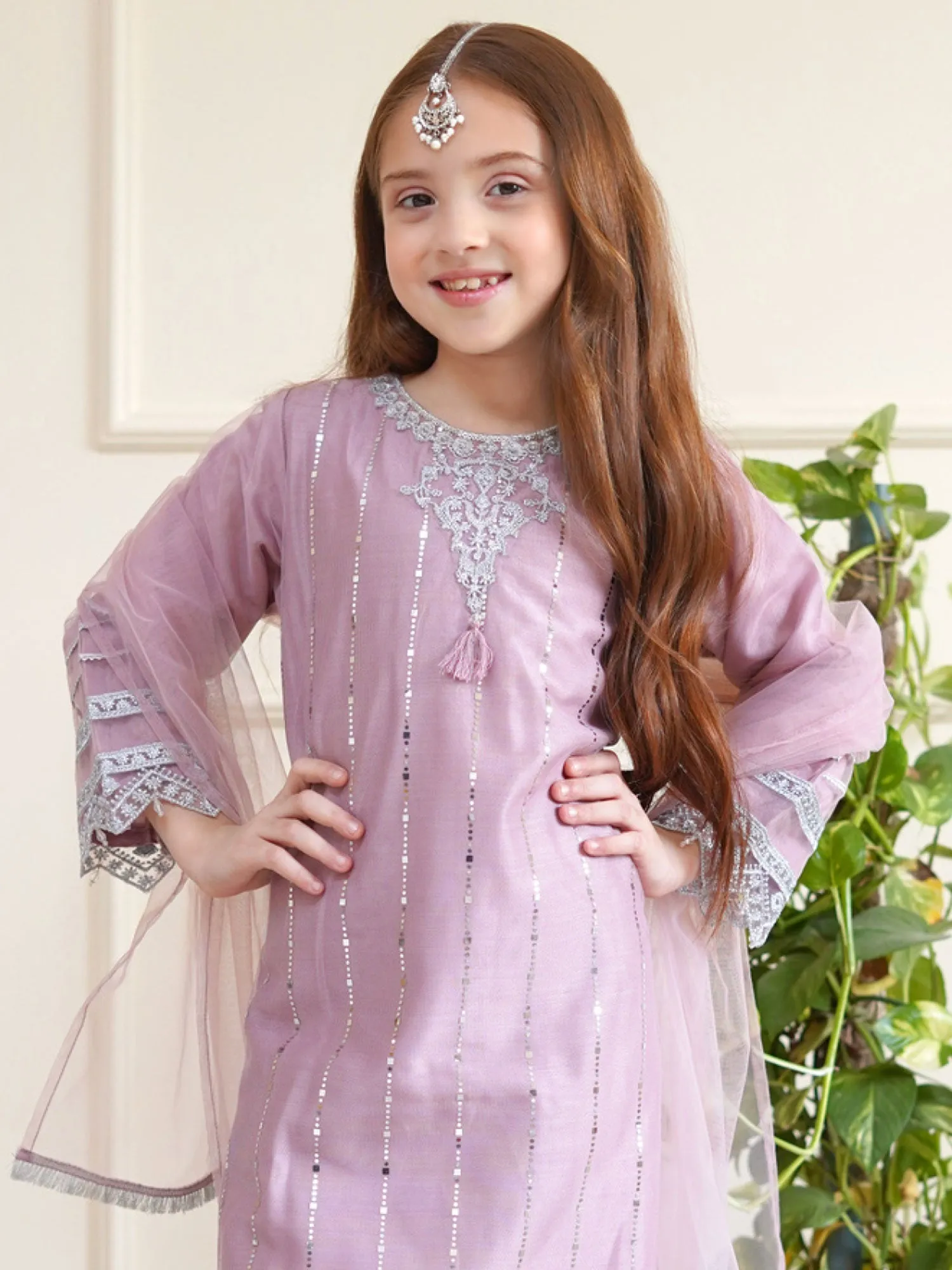 Kids Lilac Embroidered Net Suit