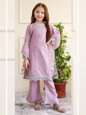 Kids Lilac Embroidered Net Suit