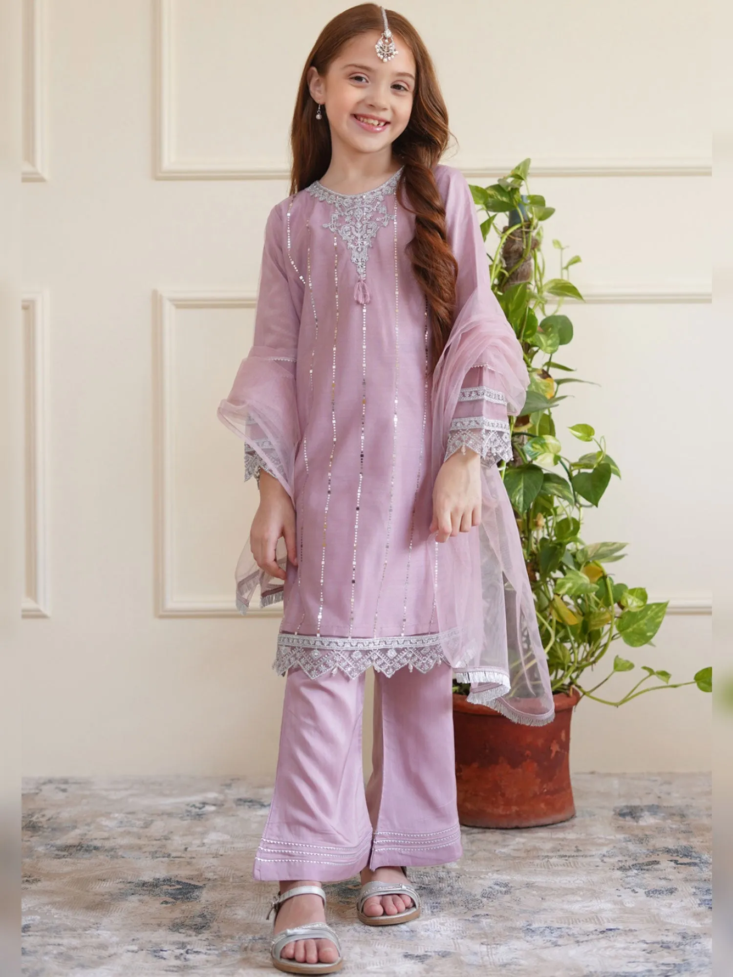 Kids Lilac Embroidered Net Suit