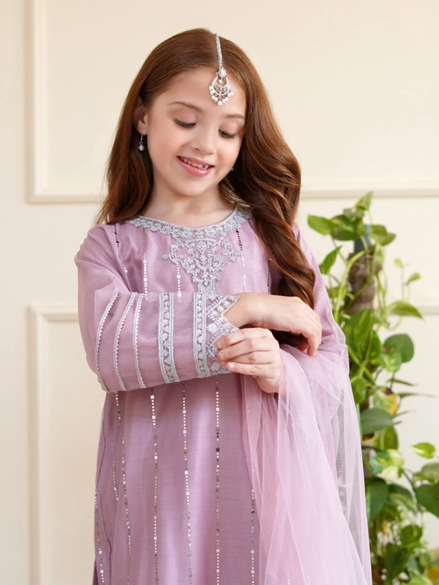 Kids Lilac Embroidered Net Suit