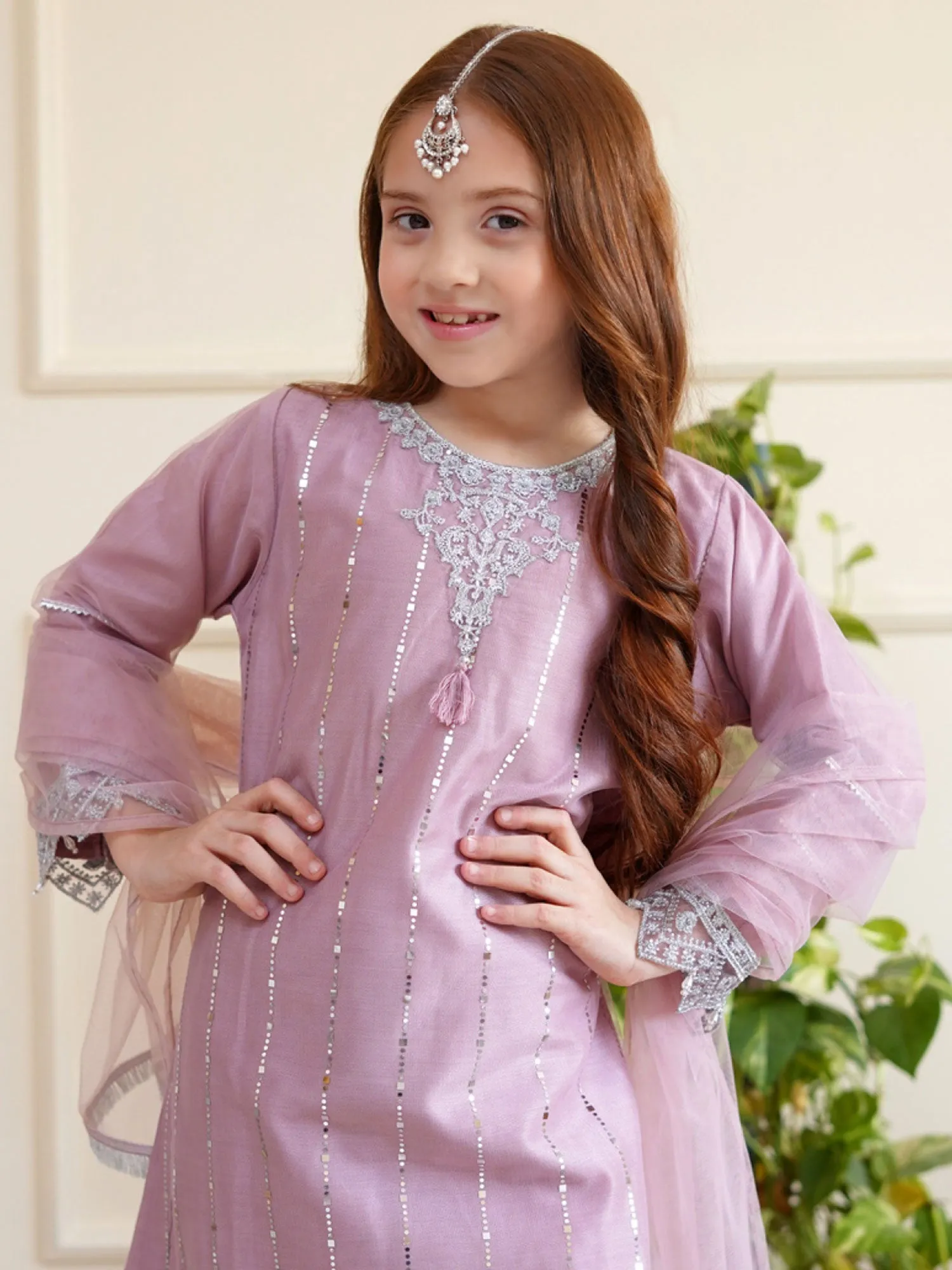 Kids Lilac Embroidered Net Suit