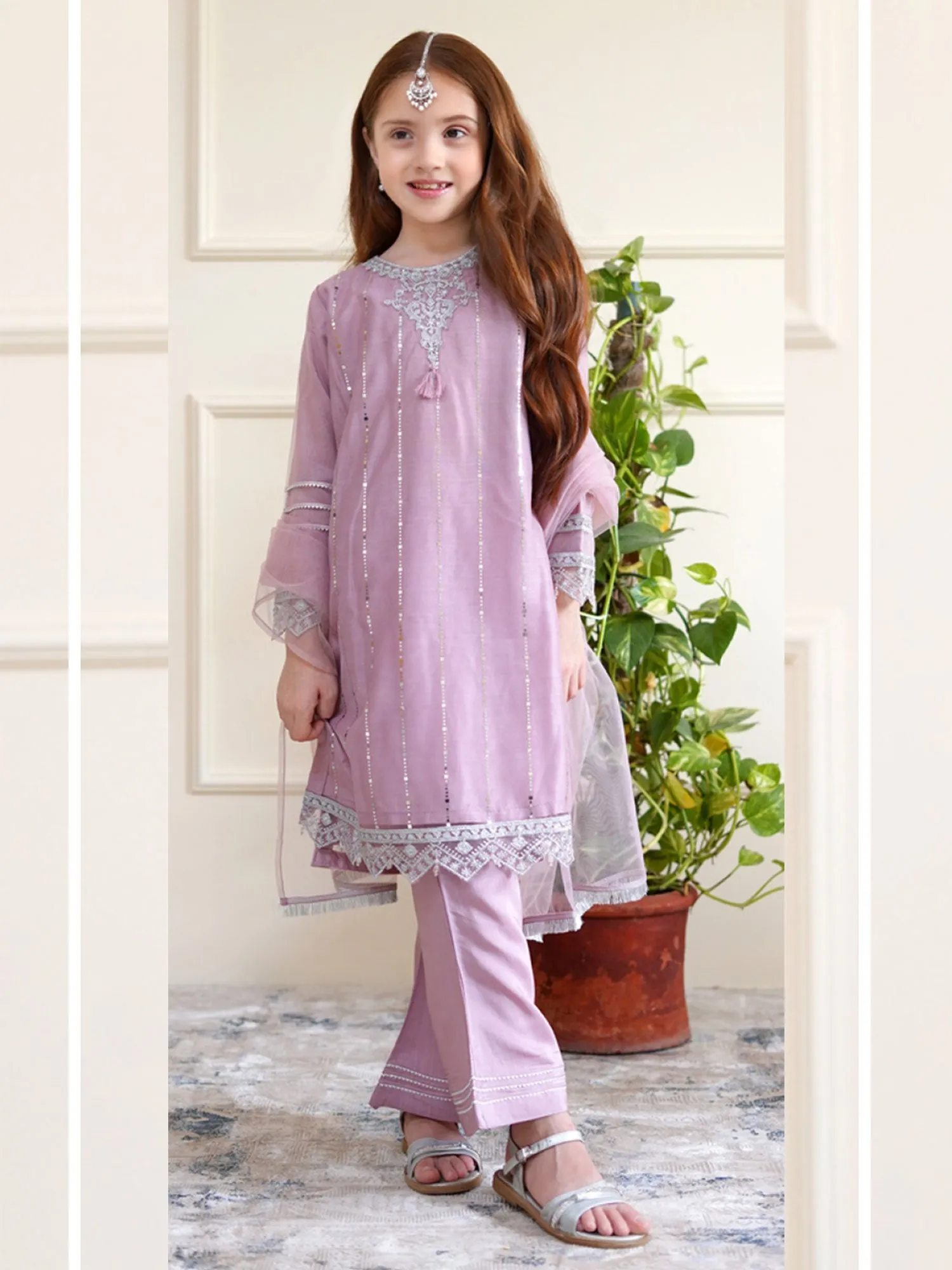 Kids Lilac Embroidered Net Suit