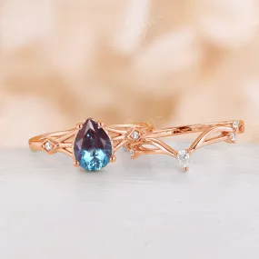 Lab Alexandrite Vintage Engagement Ring Set Split Band Rose Gold