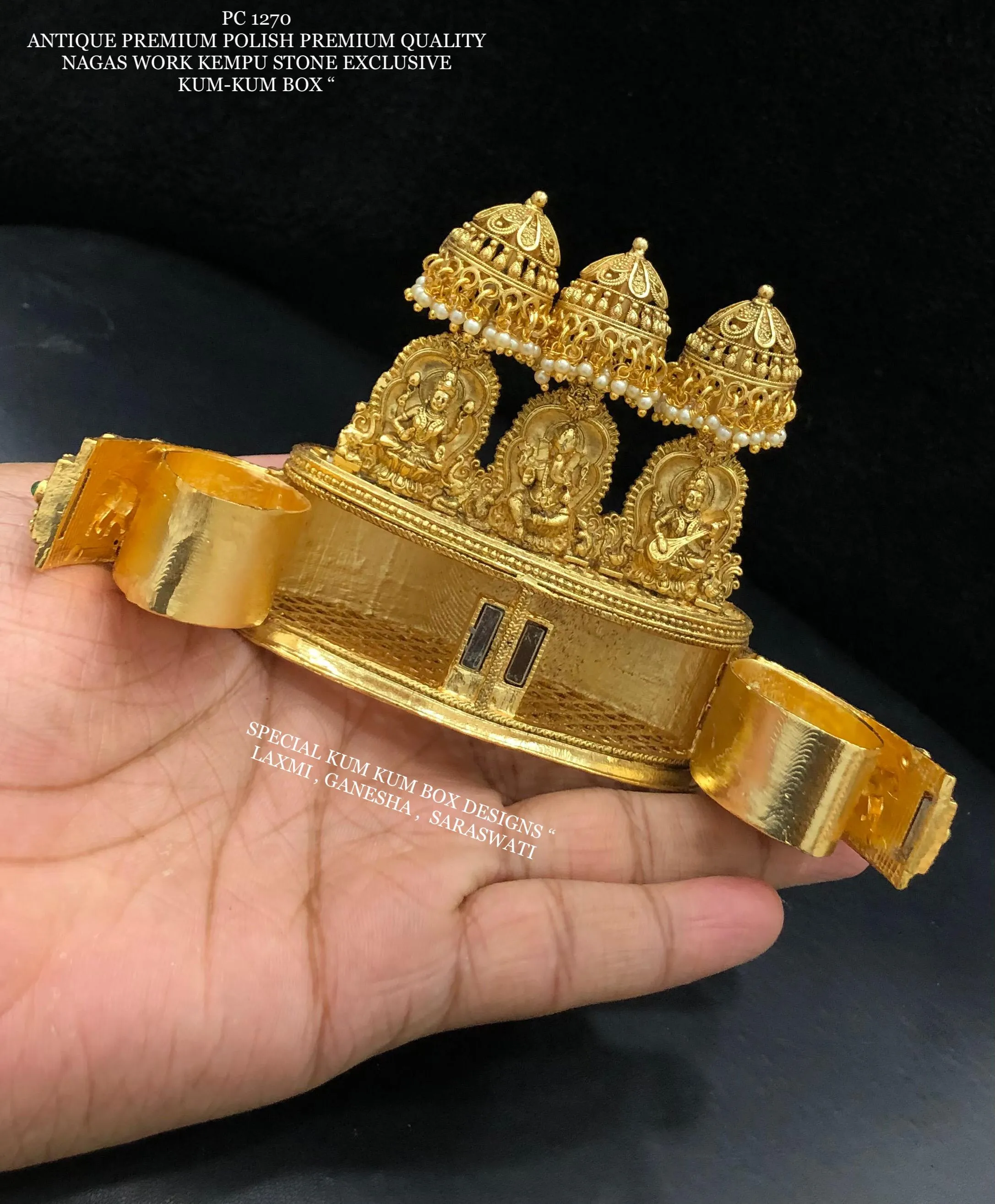 Laxmi , Ganesh ,Saraswati design Gold finish Nagas Work Gold Finish Kumkum  cheppu /Sindur  Box for Women -SAY001MGGLS