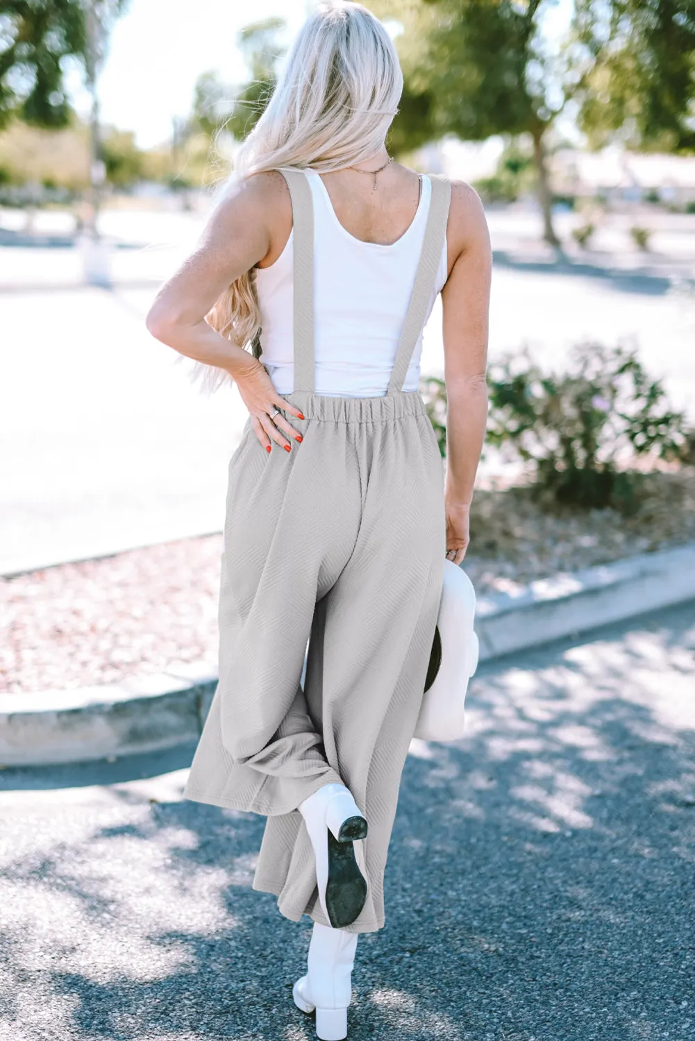 Light Grey Textured Self-Tie Strap Wide-Leg Overalls