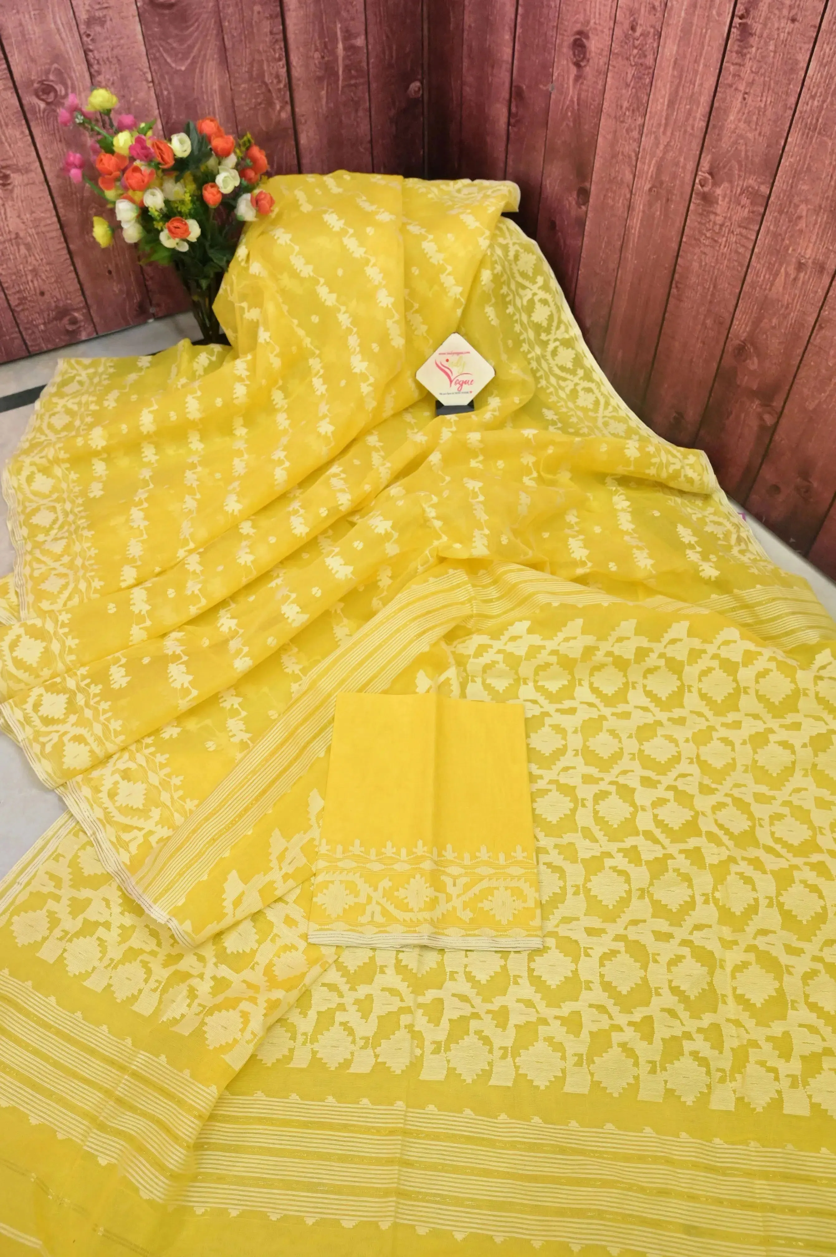 Lime Yellow Color Pure Bangladeshi Jamdani Saree