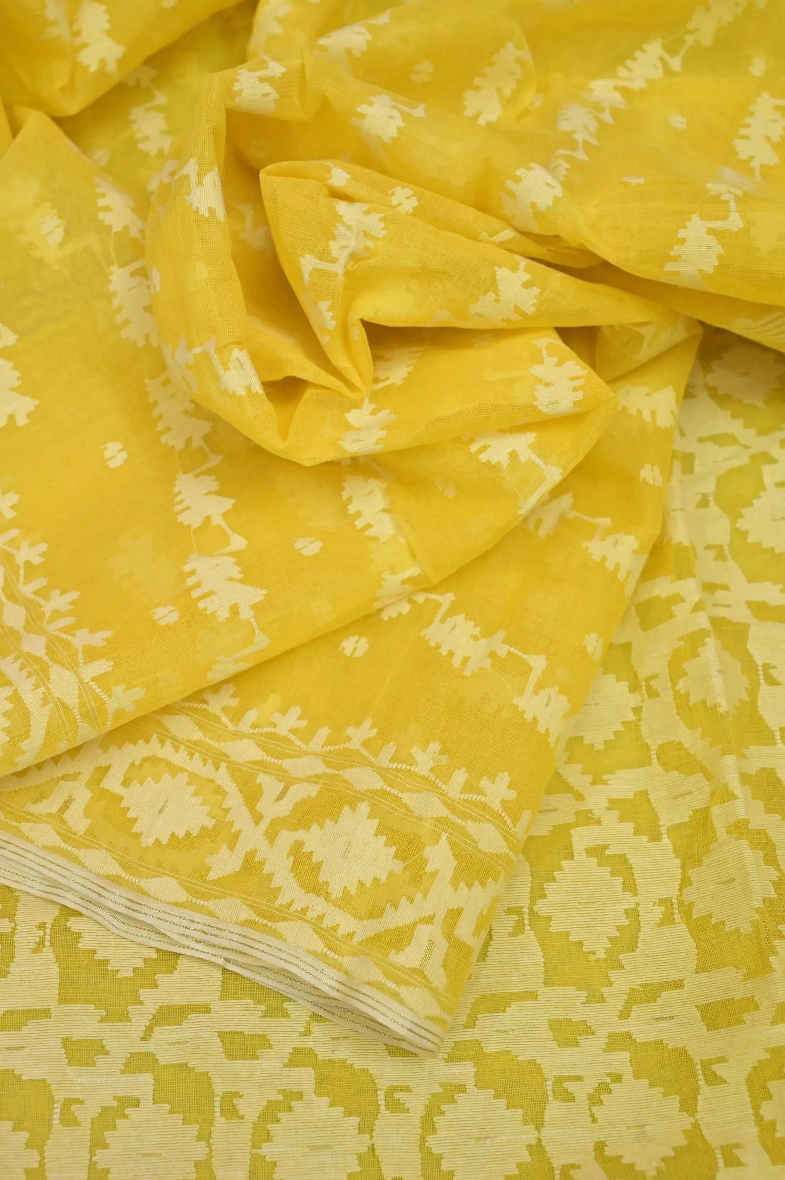 Lime Yellow Color Pure Bangladeshi Jamdani Saree