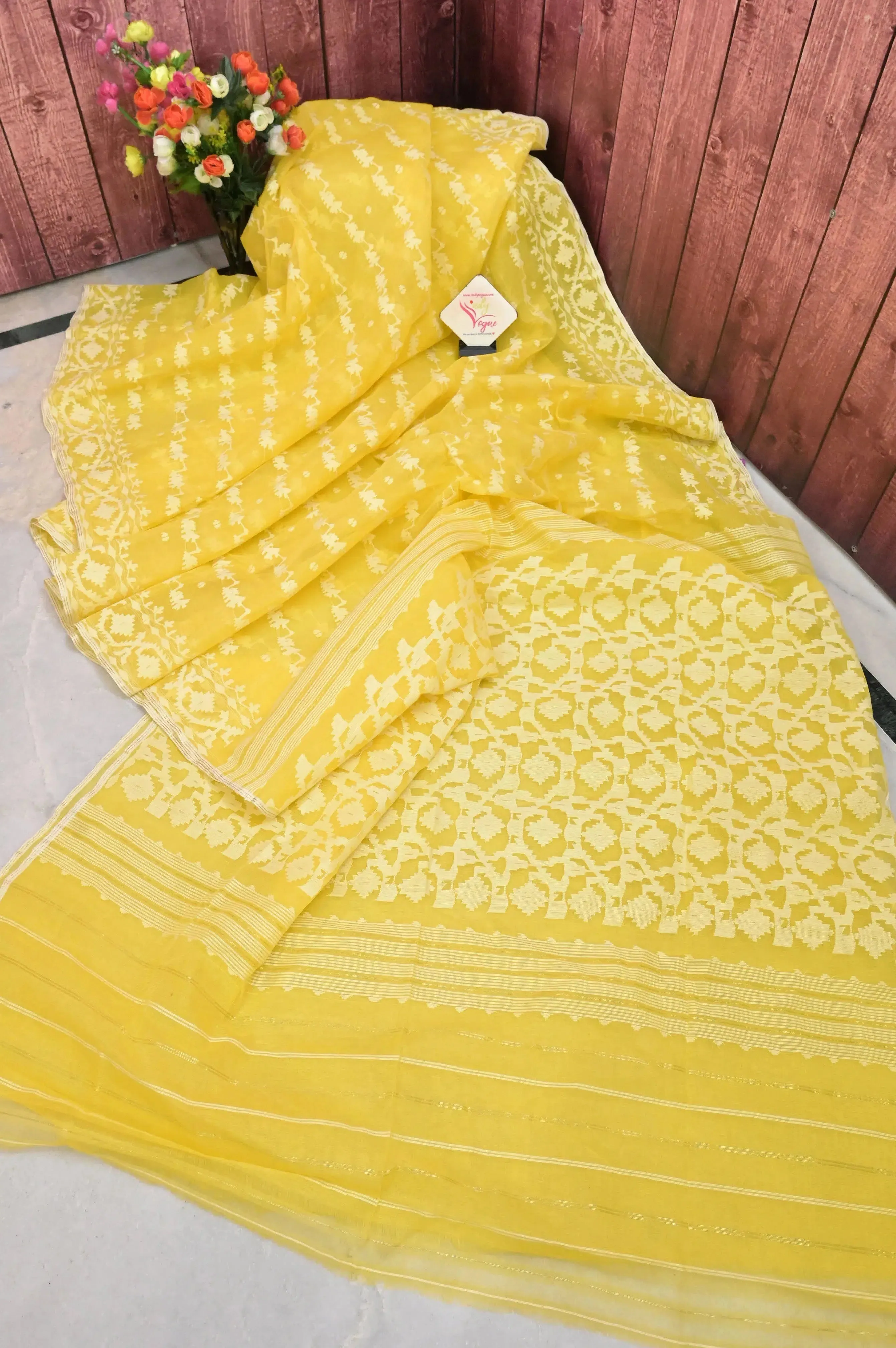 Lime Yellow Color Pure Bangladeshi Jamdani Saree