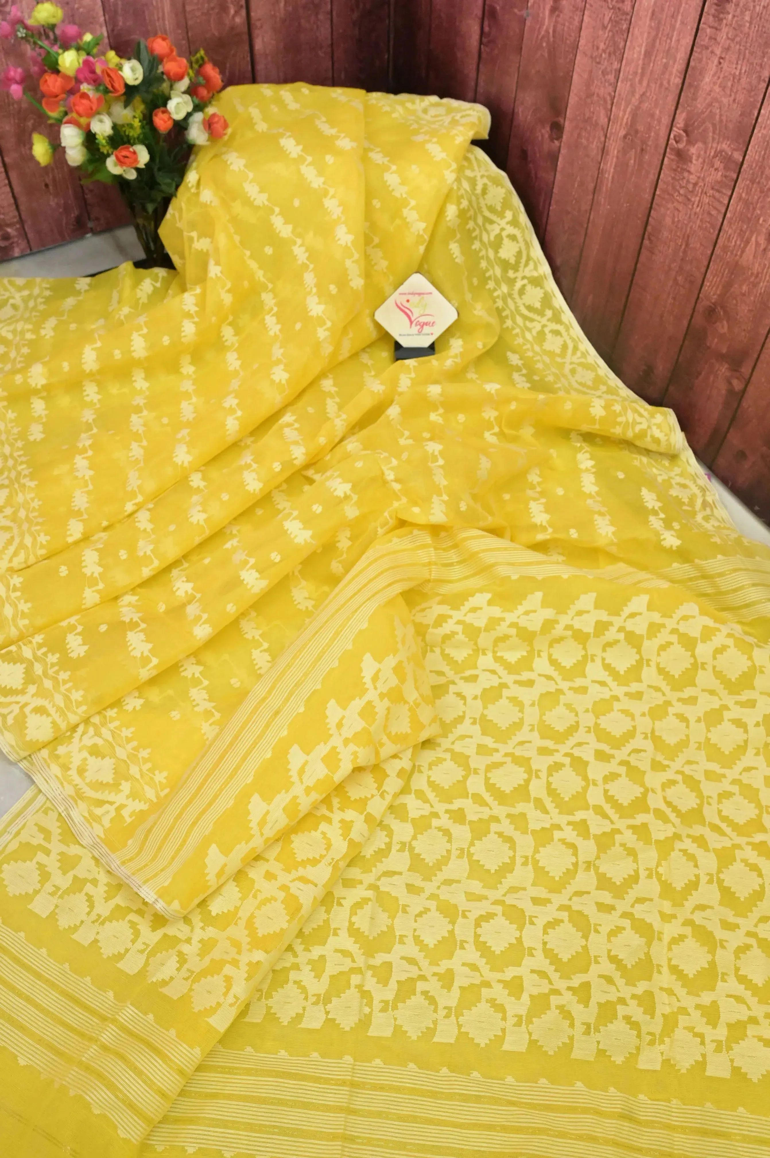 Lime Yellow Color Pure Bangladeshi Jamdani Saree